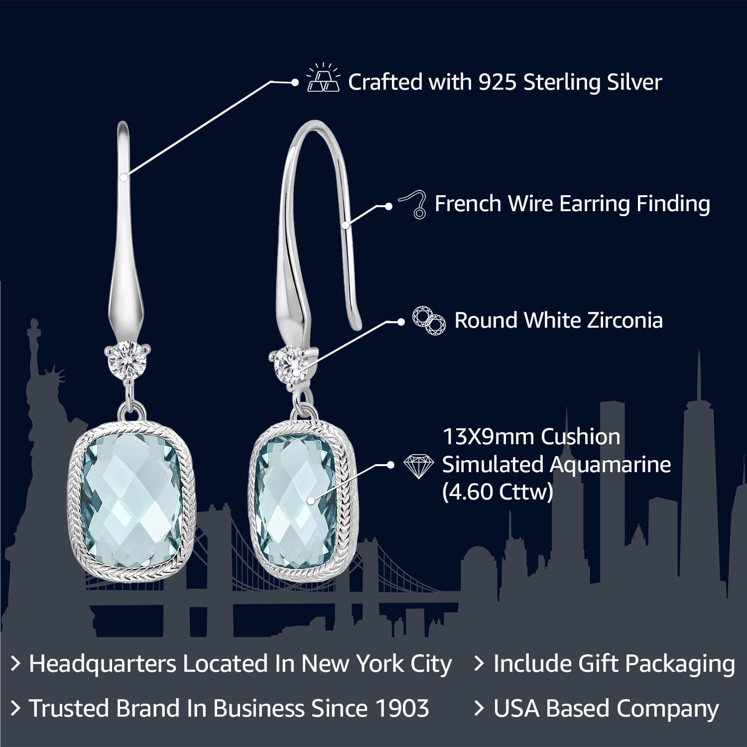 Gem Stone King 4.60 Cttw Simulated Aquamarine Drop Dangle Earrings for Women | 925 Sterling Silver | 13X9MM Cushion Checkerboard Cut | Fine Jewelry Gifts for Her Mom Women Wife - Image 2