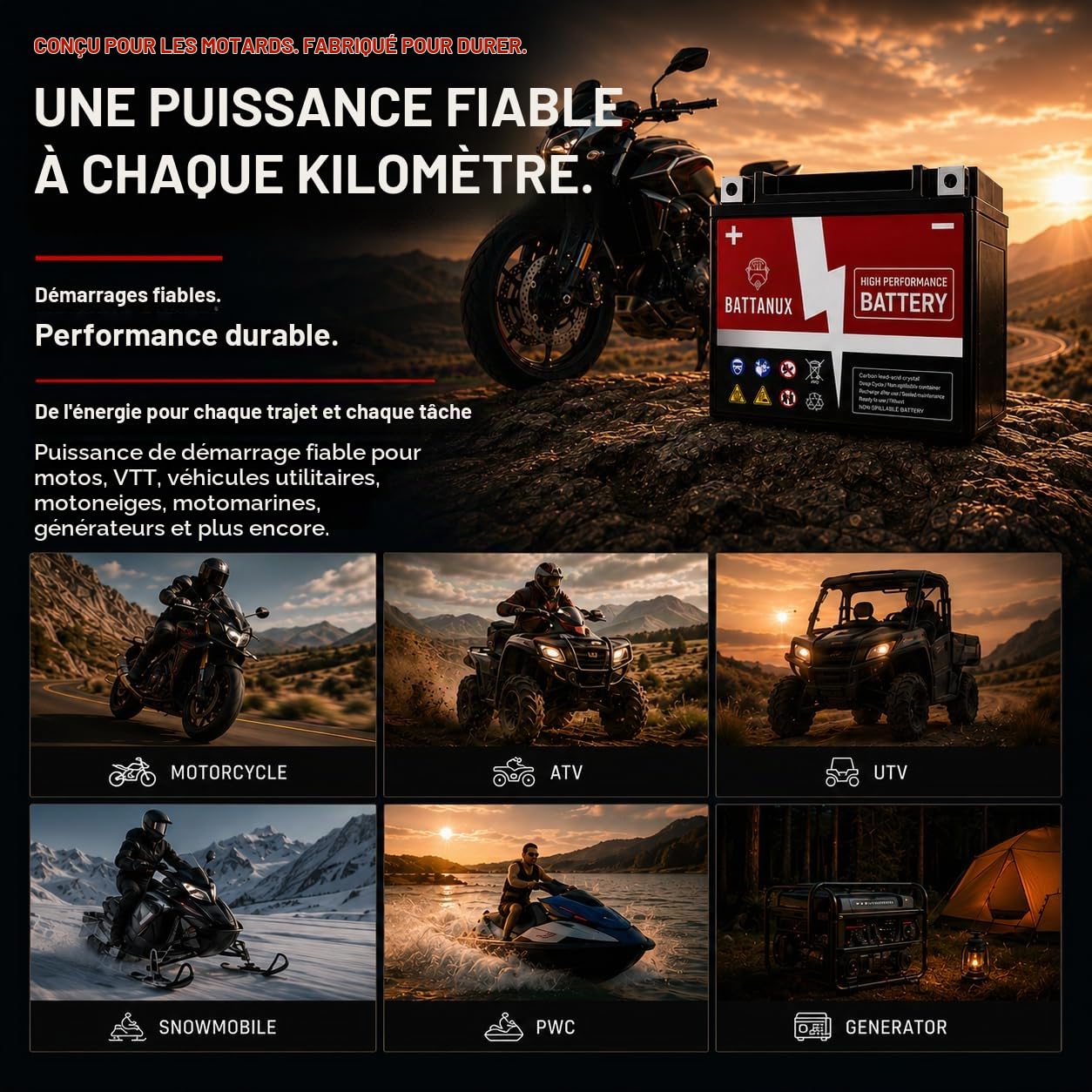 YTX14-BS Batterie Moto 12V14Ah AGM – Haute Capacité, Sans Entretien, Anti-Fuite, Prête à l’Emploi pour Moto, ATV & UTV