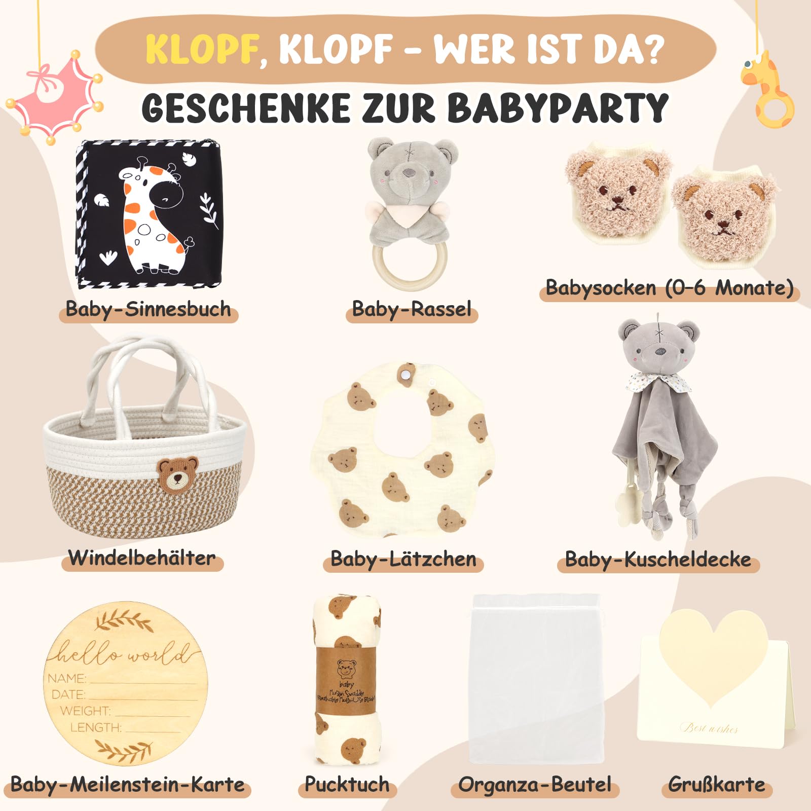 Baby-Geschenkkorb, Geschenkkorb für Neugeborene, Set mit Windel-Caddy sensorisches Buch, Babydecke, Wickelsocken, Rassel, Lätzchen, Meilensteinkarten, Babyparty-Geschenkbox für Jungen, Mädchen, Unisex