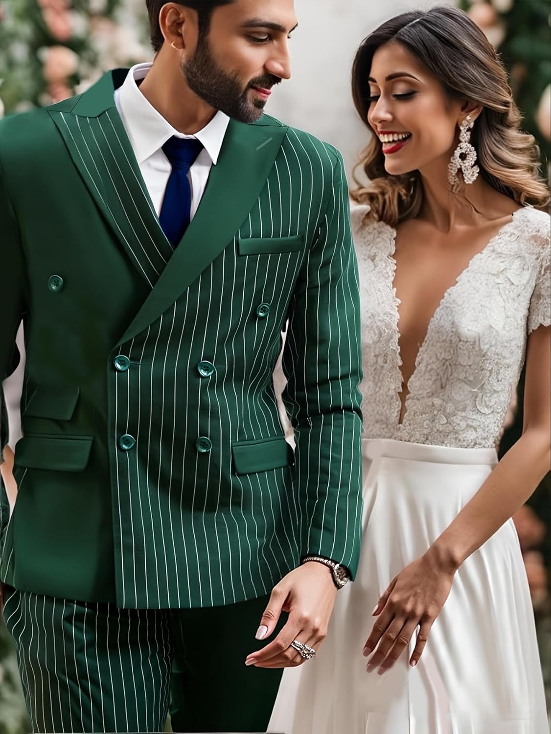 i·FineLong Men's Pinstripe 2 Piece Suit Set Double-Breasted Tuxedo Suit Jacket Pants,for Men Party Wedding & Business - Image 5