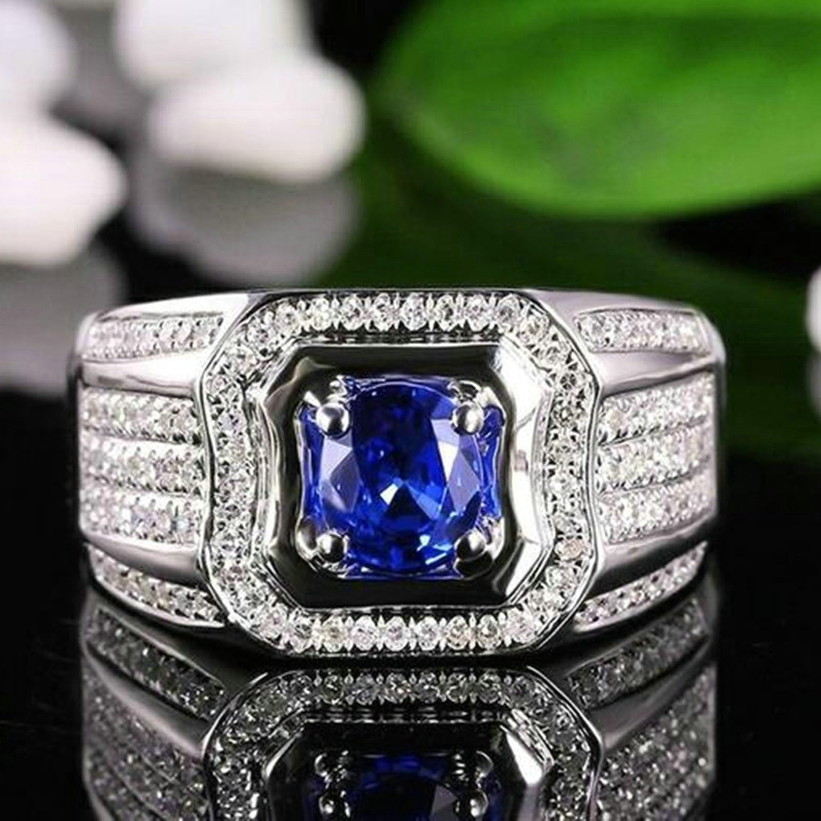 Anelli Fidanzamento Uomo Oro Bianco 9K, Anello di Matrimonio Uomo Largo Lusso Zaffiro Sintetico Rotondo da 1ct e Moissanite da 0.59ct Anelli per Fidanzato, Sposo Oro Bianco
