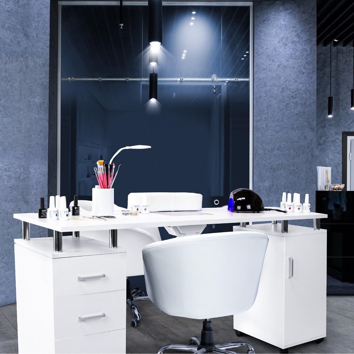 Tavolo Professionale per Manicure in MDF 120x45cm 3 Cassetti Collettore Polvere 6W Cuscino Ergonomico 8 Rotelle Frenanti