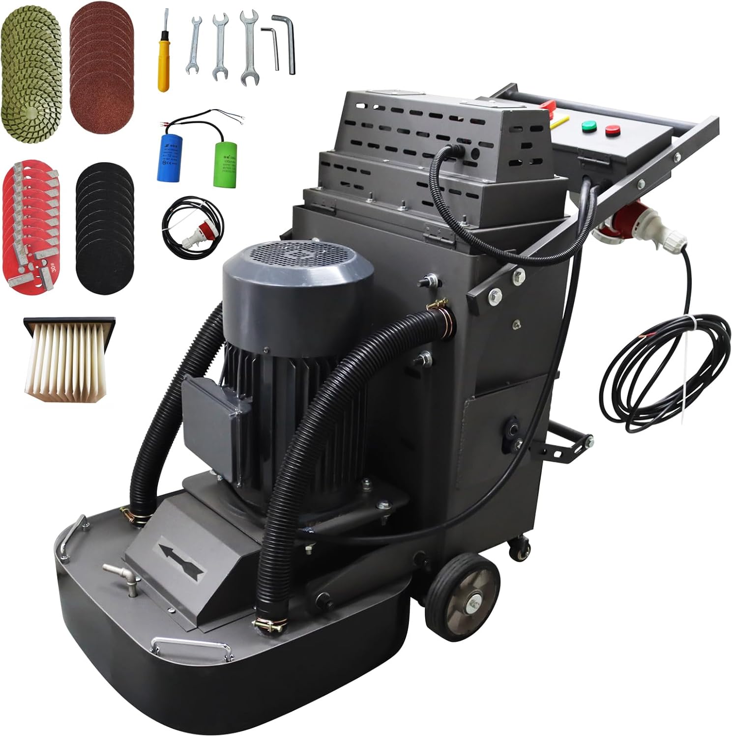 Hand-Push Cement Ground Grinder Floor Grinding Polisher Floor Polishing Machine with 9pcs Grinding Heads 40L Dust Bucket for Old Ground Restore 220V