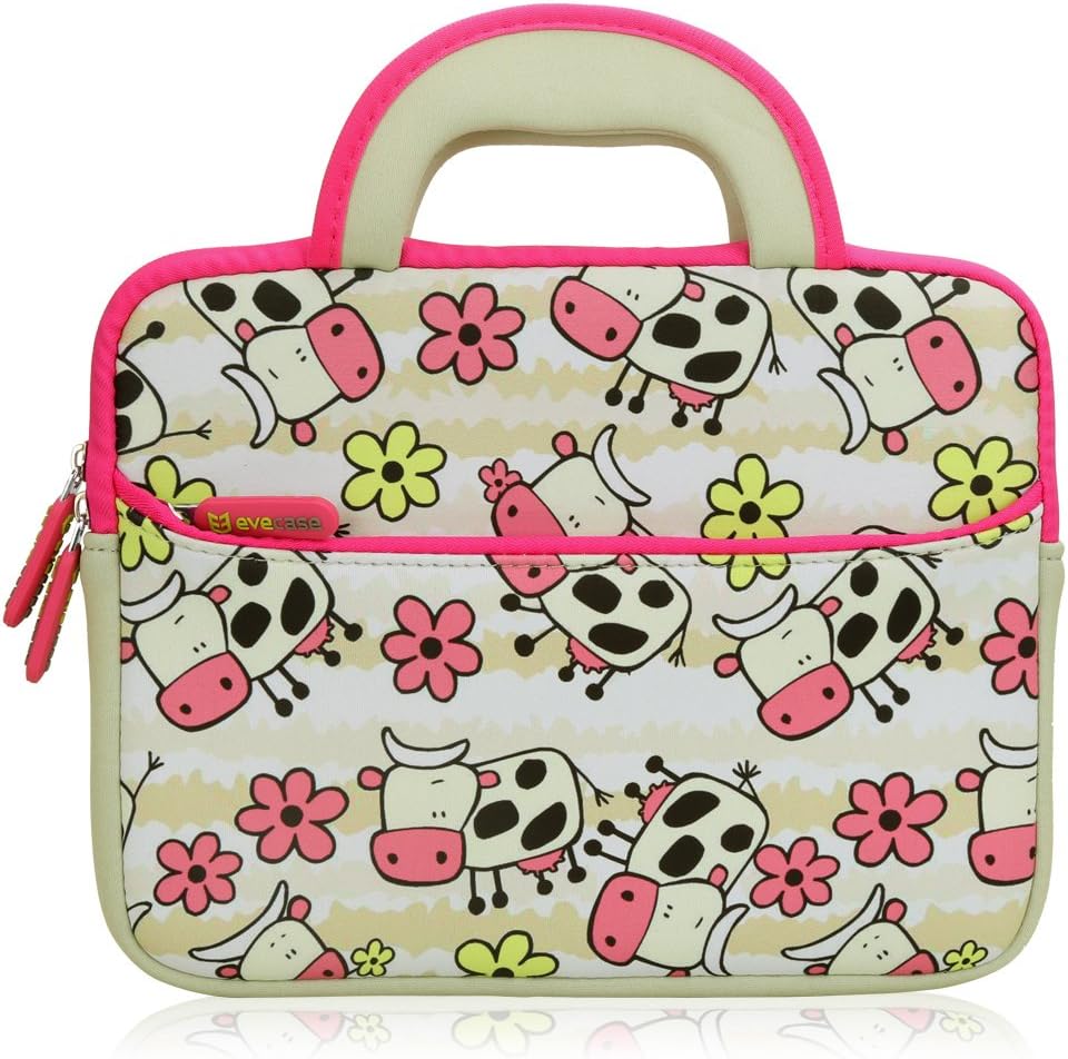 8.9-10.1 inch Kid Tablet Sleeve, Evecase Cute Happy Farm Cow Themed Neoprene Carrying Sleeve Case Bag for 8.9-10.1 inch Kid Tablets (White & Pink Trim, with Dual Handle and Accessory Pocket)