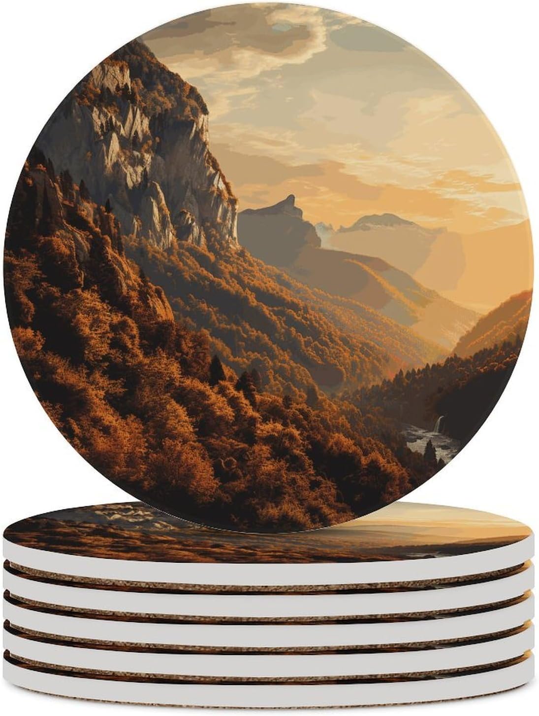 Mountains in The Sunset Coasters Round Coasters Set Ceramic Stone Coaster with Cork Base Coffee Cup Beverage Cup Mat Cute Funny Table Drinks Coaster for Mugs and Cups Office Kitchen