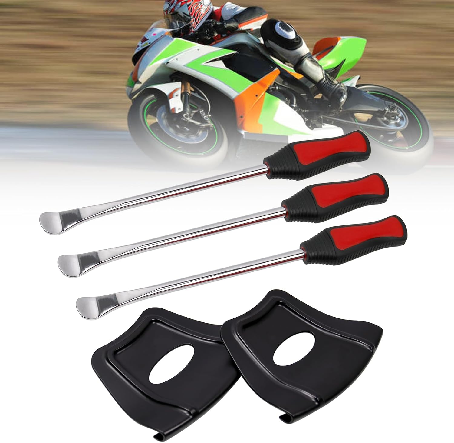RUNLLINE 3Pcs Tire Spoon Lever Iron Tool with 2Pcs Wheel Rim Shield Set Fit for Motorcycle Tire Changing Rim Guard for Motorcycle install and remove