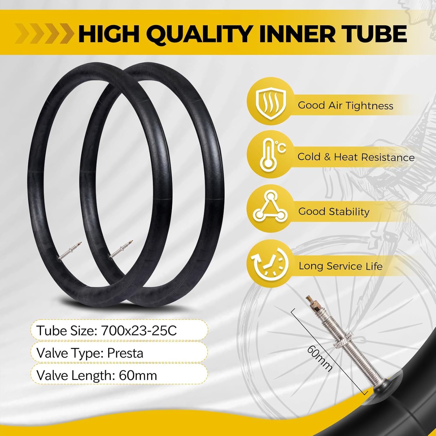 2-PCS 700C Bike Tire, 700x23C/700x25C Racing Road Bike Tires Puncture Proof Bicycle Tires & 2 Inner Tubes 60mm Presta Valve, Bike Tires for Racing, Hybrid, Folding Bicycles