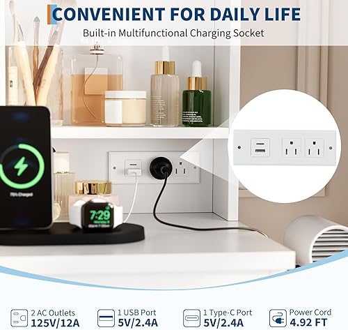 Miniatura 7 de Escritorio de tocador de maquillaje con espejo iluminado, juego de tocador con 4 cajones, toma de corriente, taburete de almacenamiento, estantes de