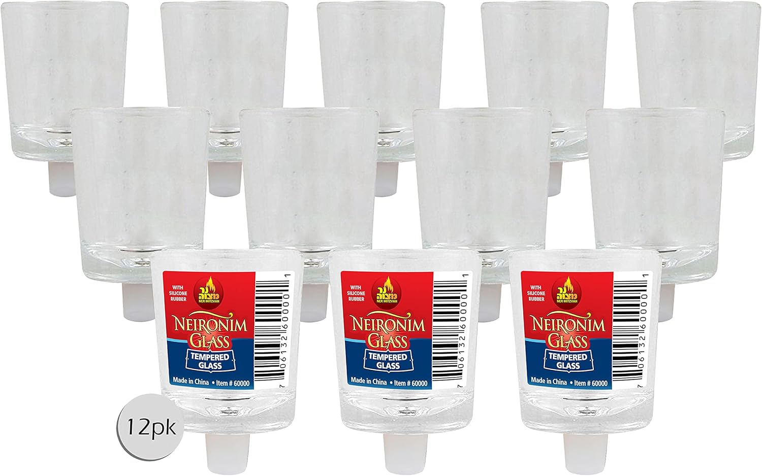Ner Mitzvah Neironim Glass Shabbos Candle Holders with Safety Rubber - Premium Quality Clear Votive Cups, Standard Size for Shabbat, Chanukah and Party Decoration - Pack of 12