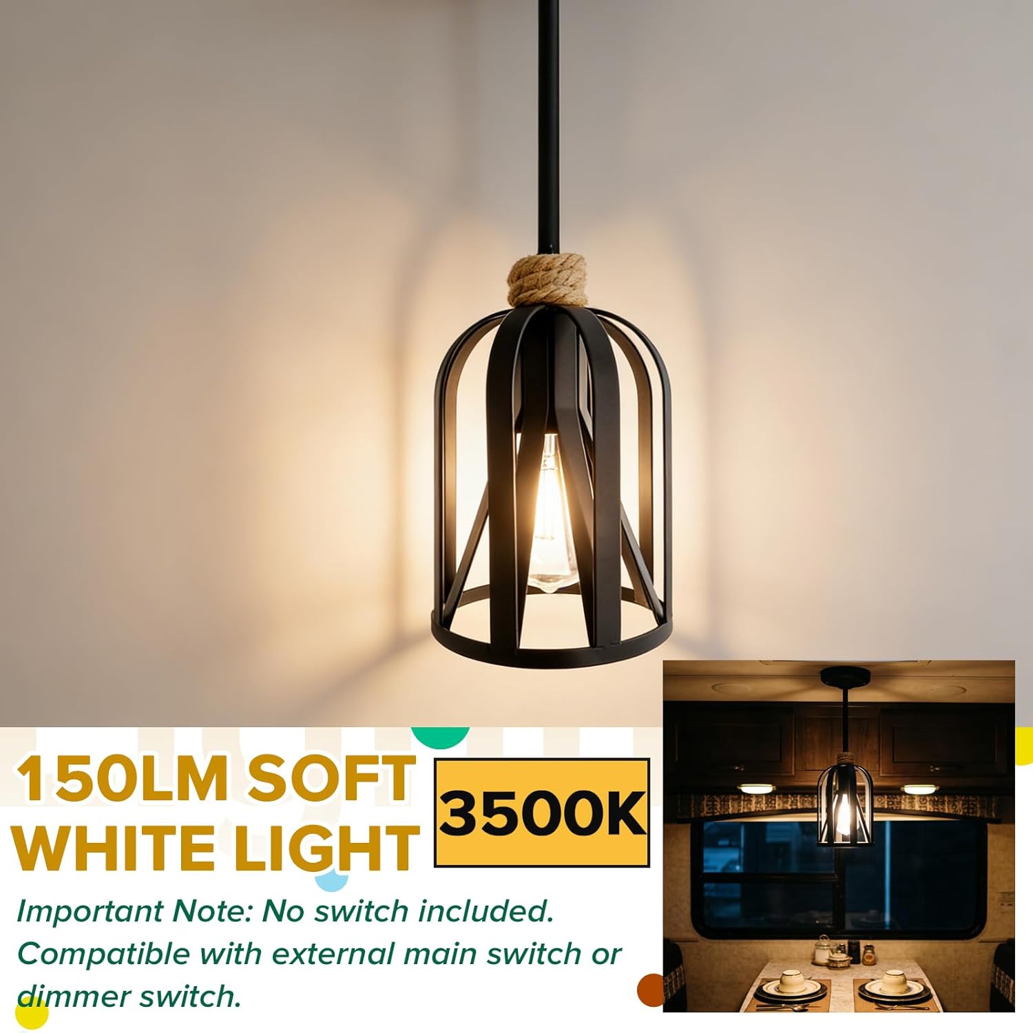 RV Pendant Lights Interior 12v Black RV Light Fixtures with LED Replacement Bulb for Camper 5th Wheel Motorhome Kitchen Island Lights Flush Mount 3W 3500K White Lighting No Switch 15 Inch, 1-Pack