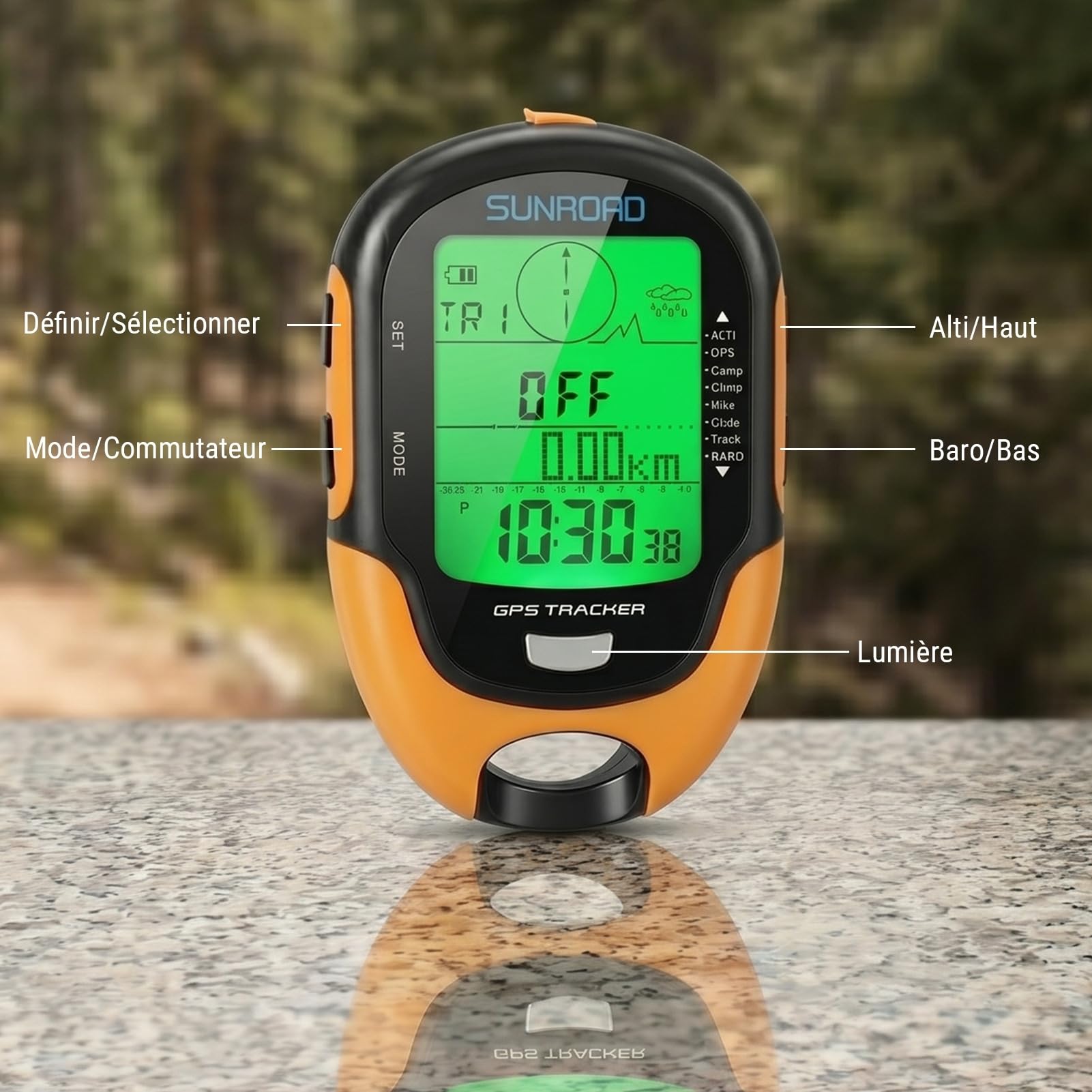 Altimètre Baromètre GPS, Appareil GPS Multifonctionnel Haute Précision avec Boussole, Thermomètre, Hygromètre, Prévisions Météo, Horloge, Date, Lampe de Poche LED, Réveil, Étanche IPX4