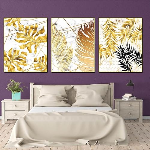 Miniatura 2 de YOWOCAL Arte de pared impreso en lienzo de hojas doradas, 16 x 20 x 3 pulgadas, póster de hojas de palmera de Monstera tropicales, decoración de