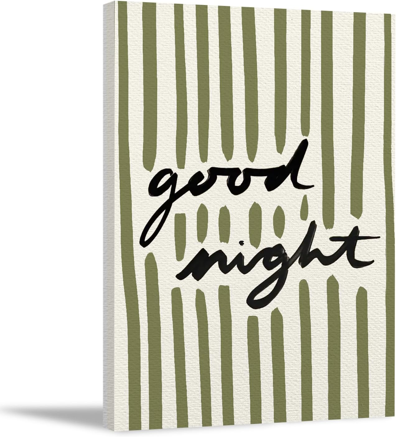 FWSFD Good Night Bedroom Wall Art Decor Framed, Olive Green Bedroom Decor, Retro Green Striped Canvas Prints Artwork for Dorm Apartment Home, 12x16 Inches
