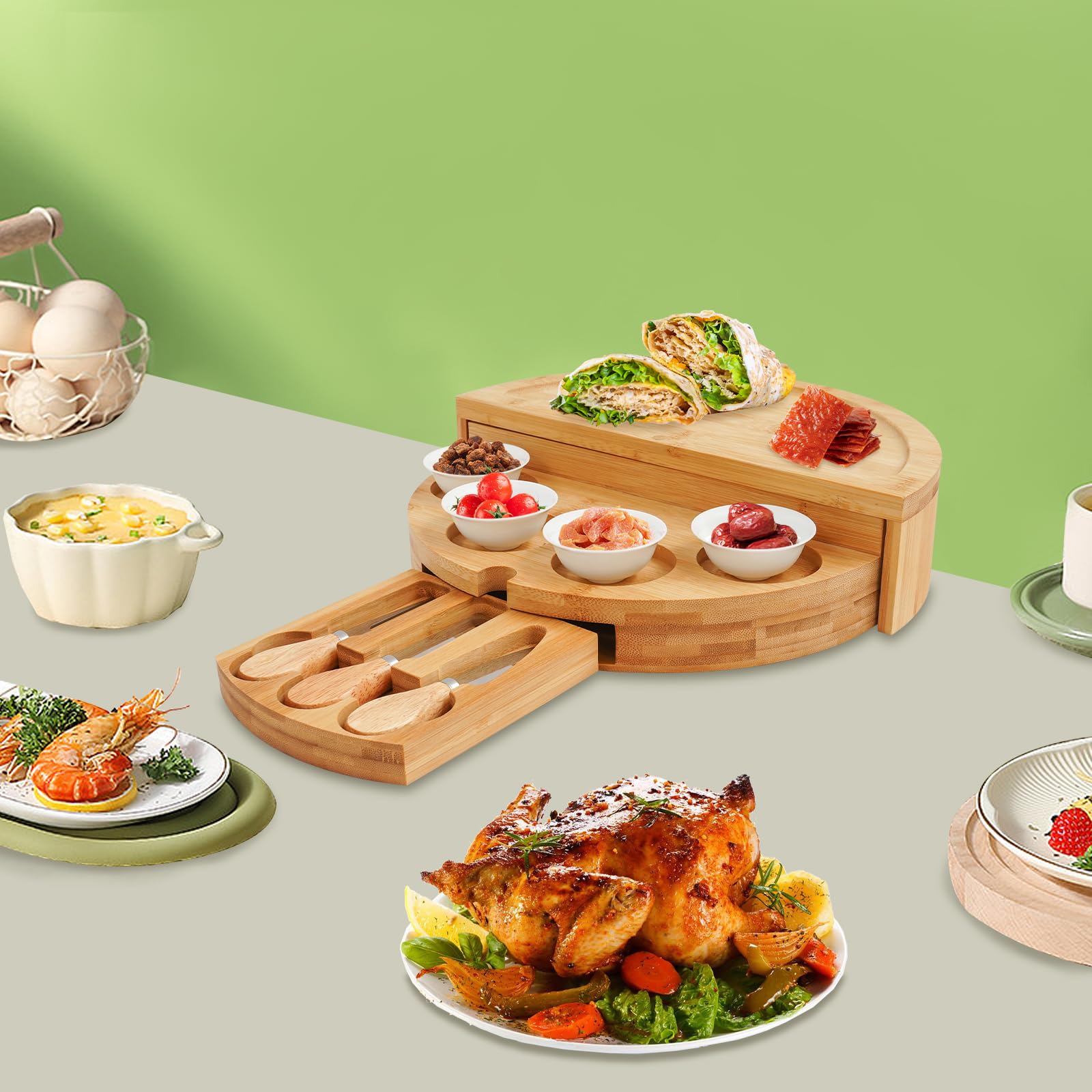 Tabla de queso de bambú con cuchillo, juego de herramientas para queso, plato giratorio para servir aperitivos, plato para pizza, con 4 cuencos, 2 cuchillos de queso y 1 tenedor, para colocar queso
