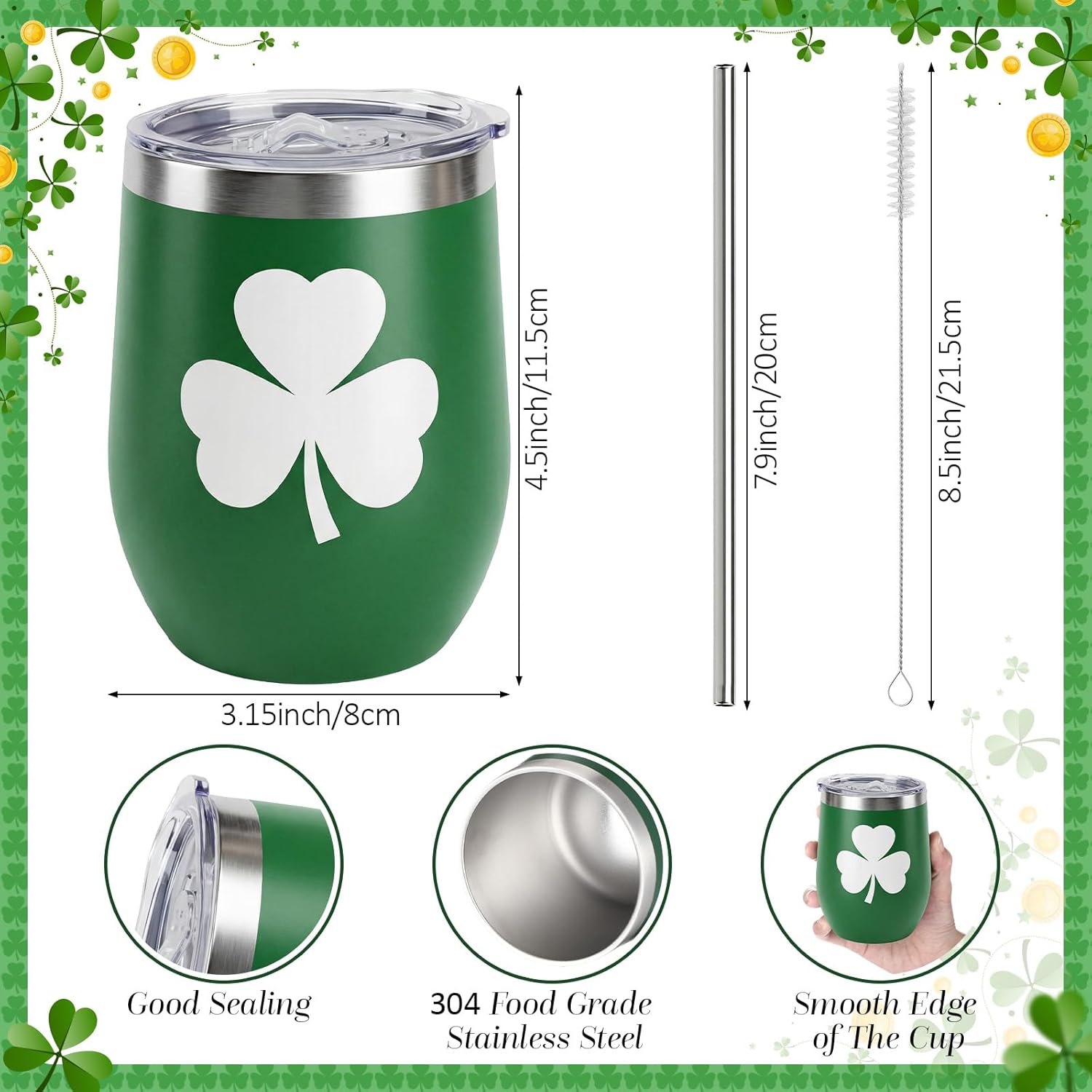 Layhit 8 Pcs St. Patrick Day Shamrock Gift Set 12 oz Clover Printed Tumbler with Lid and Socks Stainless Steel Mug Tumbler with Lids Straw Brush Socks Gift for Women Irish St. Patrick Day Party