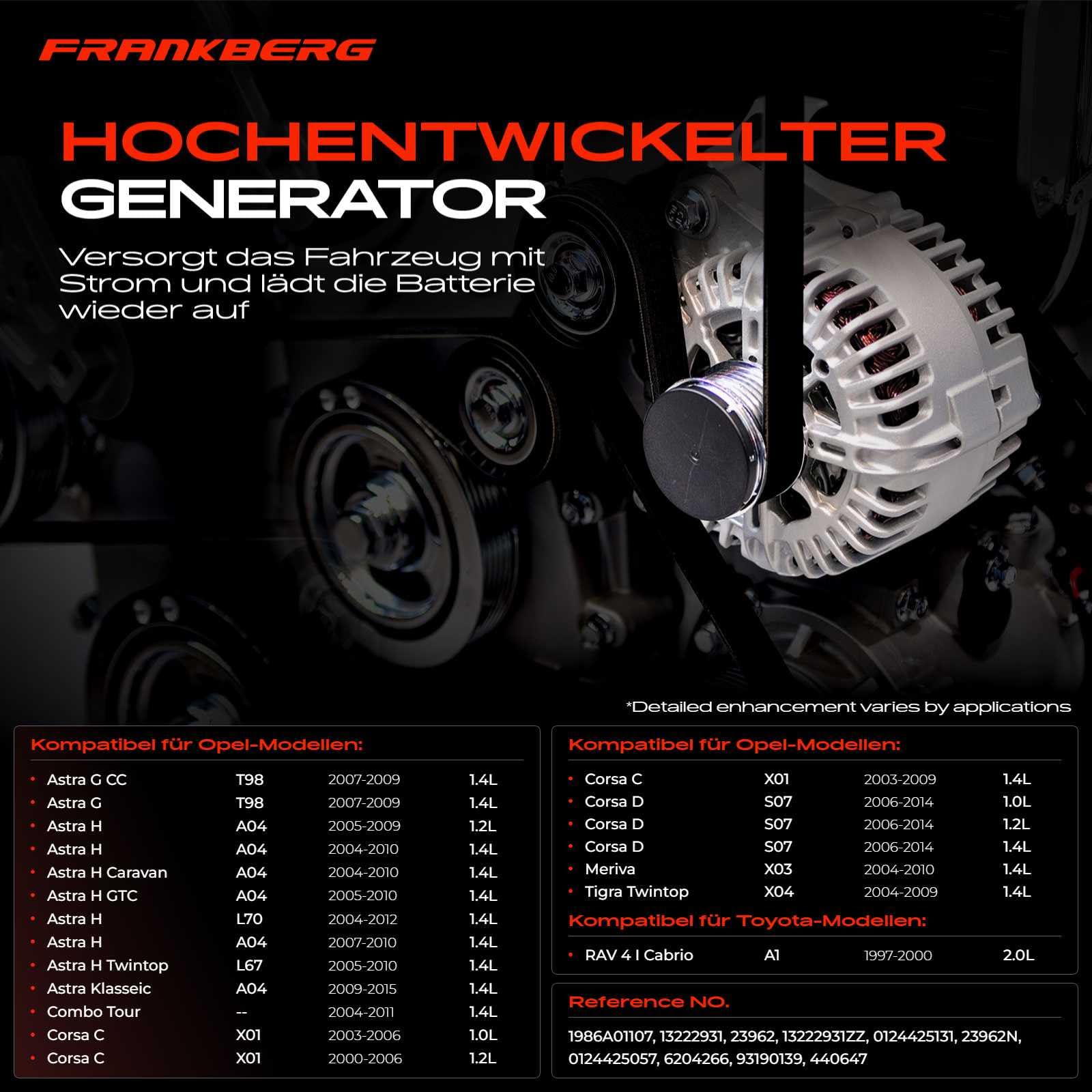 Frankberg Lichtmaschine 120A Kompatibel mit Corsa C F08 F68 Benzin 2003-2009 Corsa D S07 Benzin 2006-2014 Astra G Stufenheck F69 Benzin 2007-2009 Replace# 0124425057