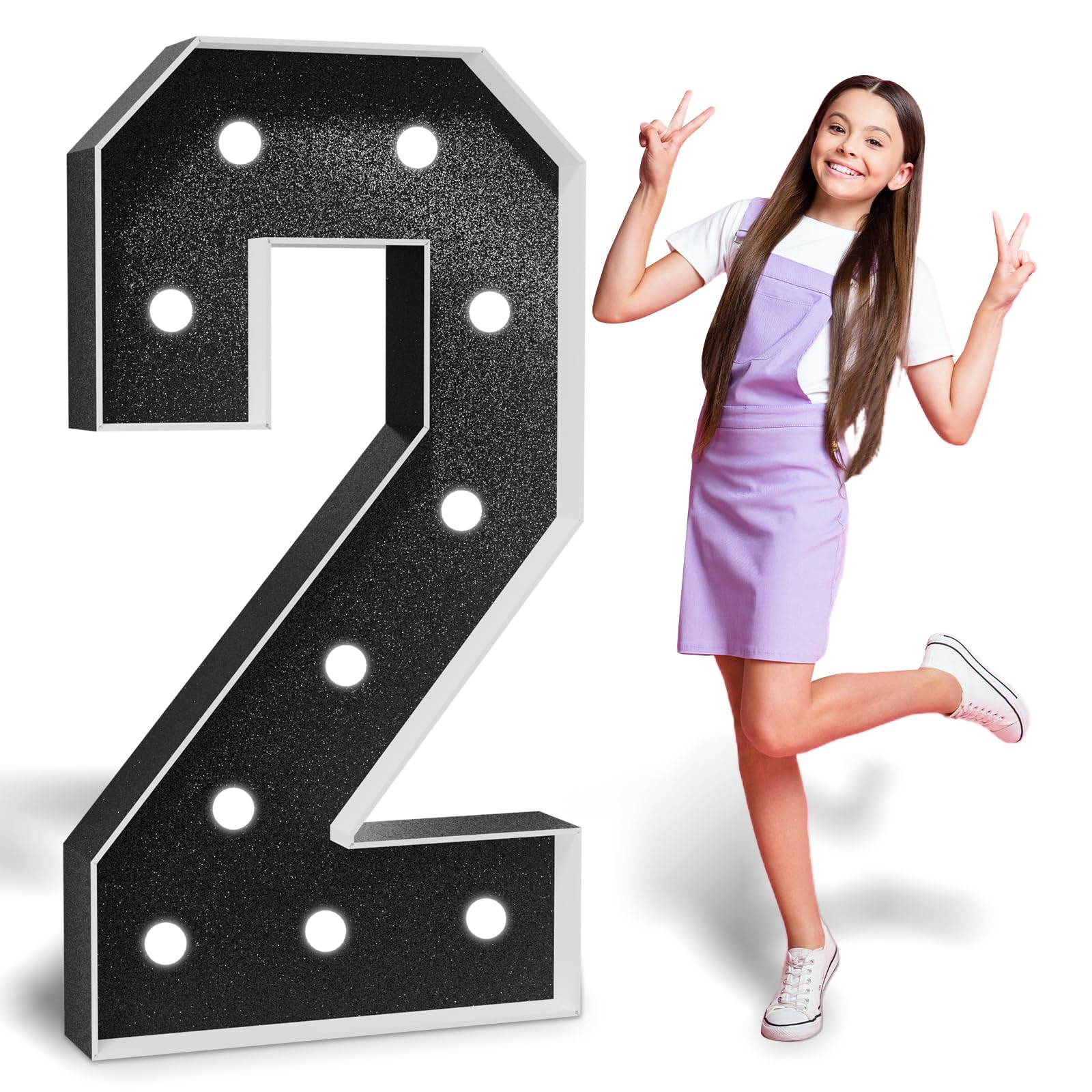 Marquee Numbers Black Party Decoration: 4FT Large Light Up Number 2 for 2nd 20th 21st 22nd Birthday Anniversary Backdrop Cardboard White Sign Mosaic Balloon Frame