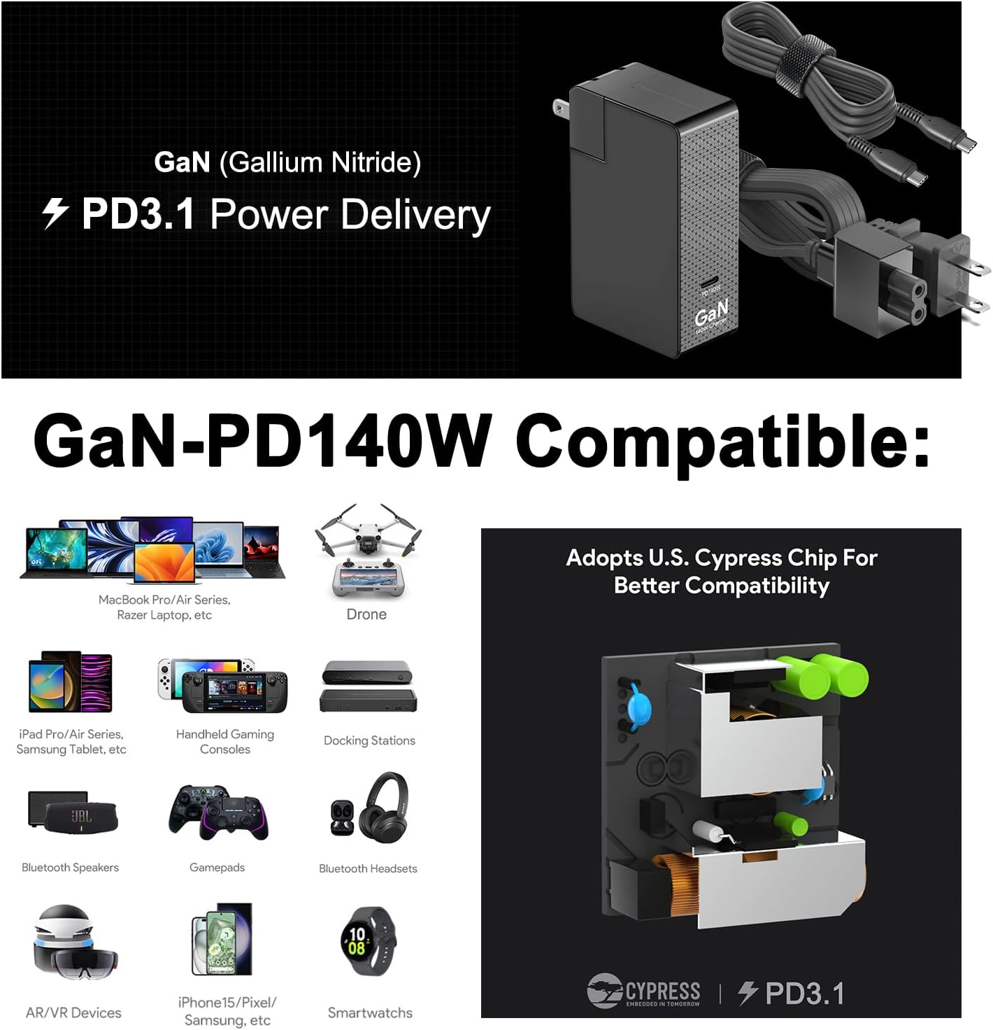 ADP-140AB B HKY 140W USB C Charger 10Ft Long Portable Slim GaN PD3.1 USB-C Power Adapter for M4 MacBook Air/Pro,Dell,Lenovo,MSI,HP Gaming Laptop PC,Docking Station,Avalon Nano 3 BTC,Starlink Mini image 2 of 8 B0DCFT4SYJ