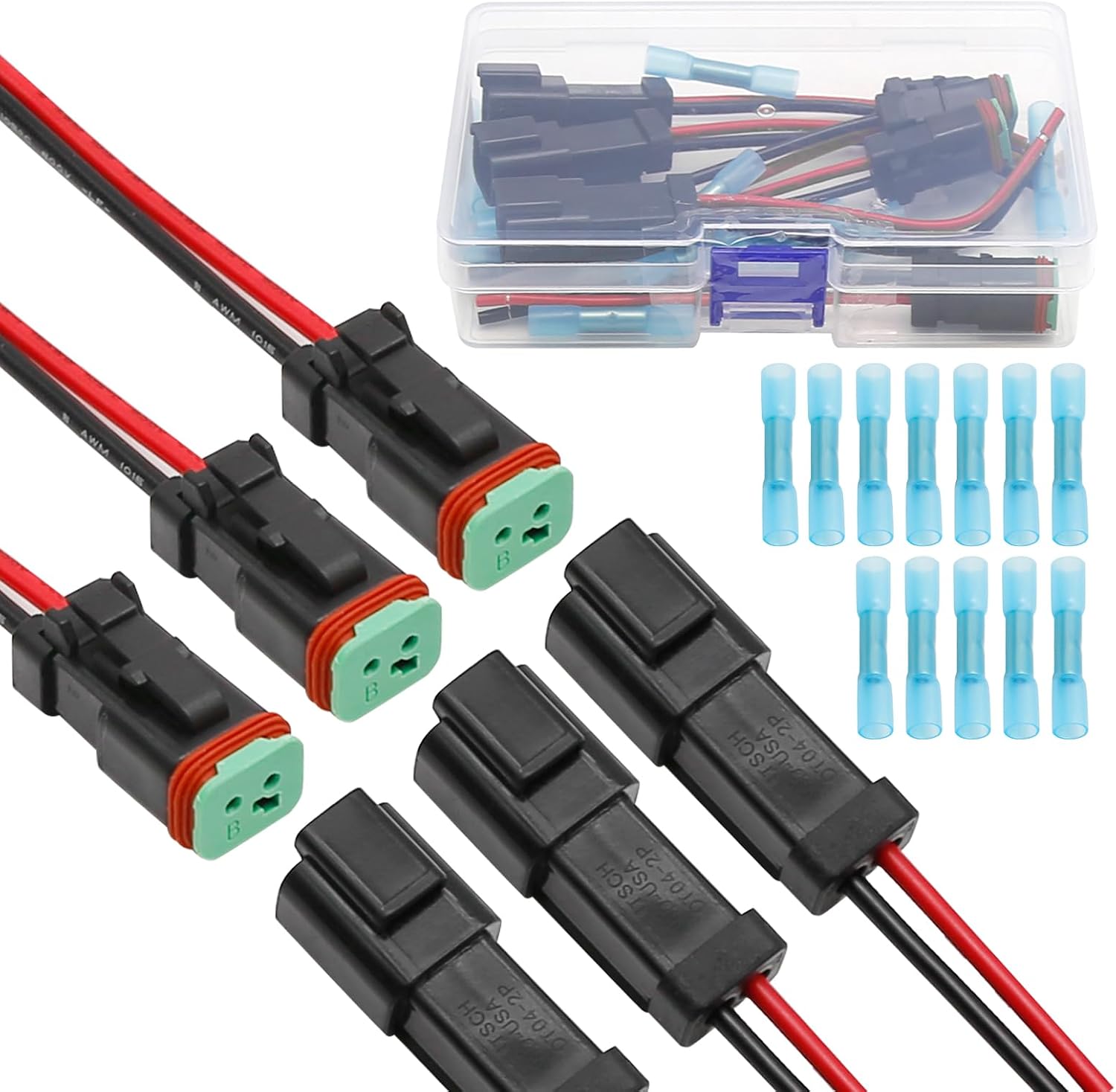 Deutsch 2 pin Connector Kit with 12pcs Butt Connector 14 AWG Male Female Wire Connectors, 2 Wire Way Waterproof Automotive Electrical Kit Deutsch Pigtail/Wiring Harness UL 1015 Wire