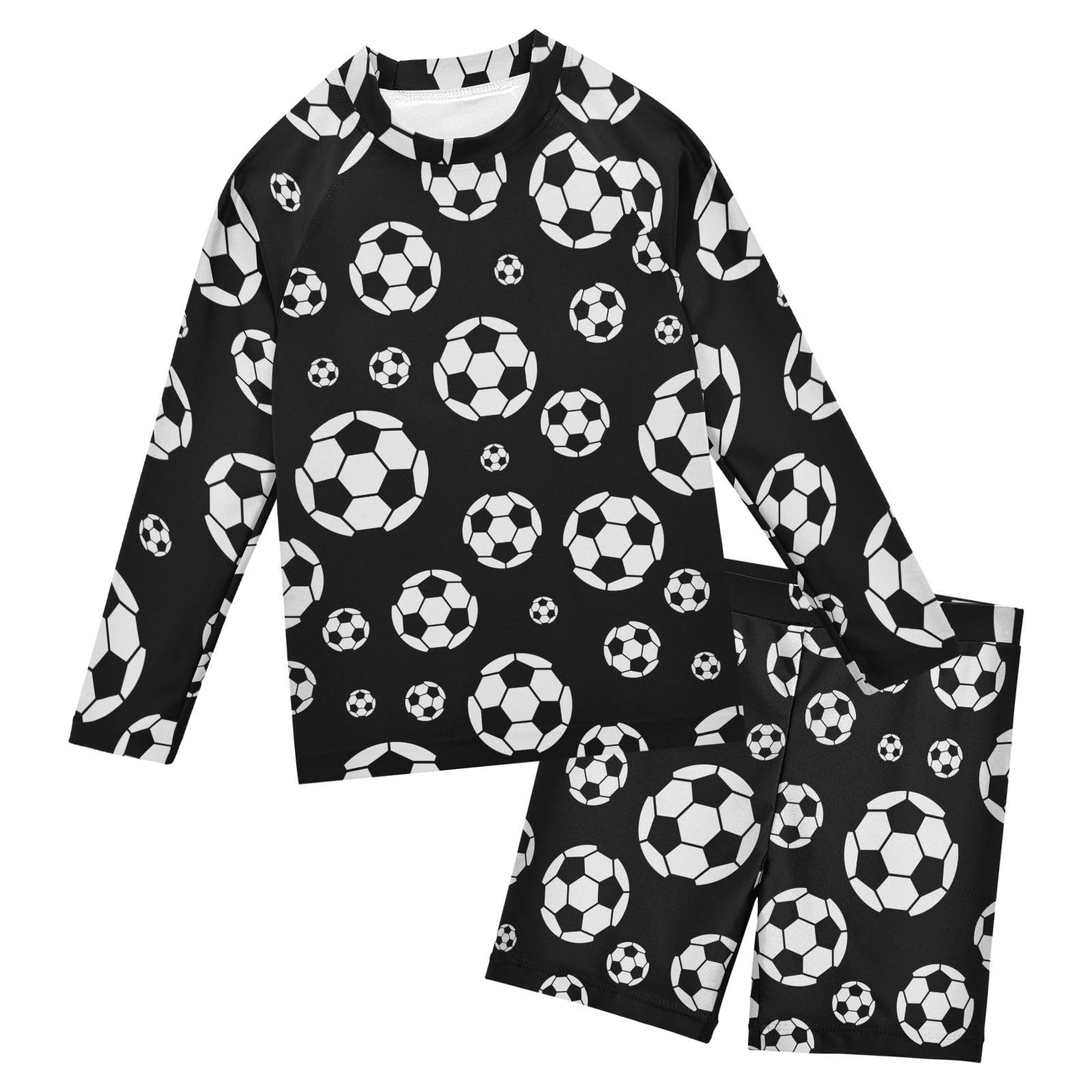 Aflyko Boys Girls Rash Guard Set Cute Soccer Black White Swim Outfit Pollover Bathing Suit Fishing Sun Shirt Quick Dry Swimming Surfing Shorts, 9-10T
