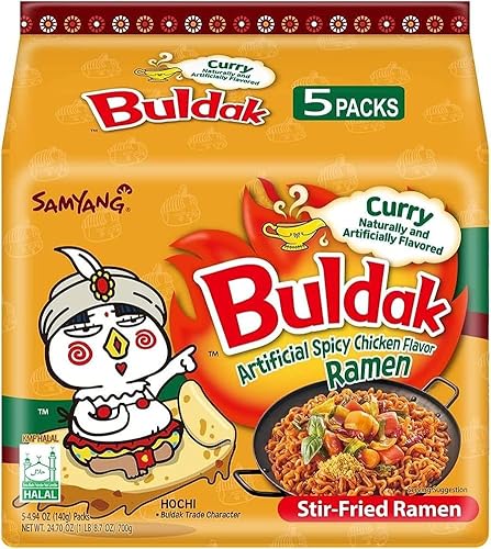 SAMYANG Curry Buldak Stir-Fried Ramen Noodles, Spicy Korean Curry Flavor, Halal Certified – 24.7 Oz (pack of 1) (total 5 pcs)