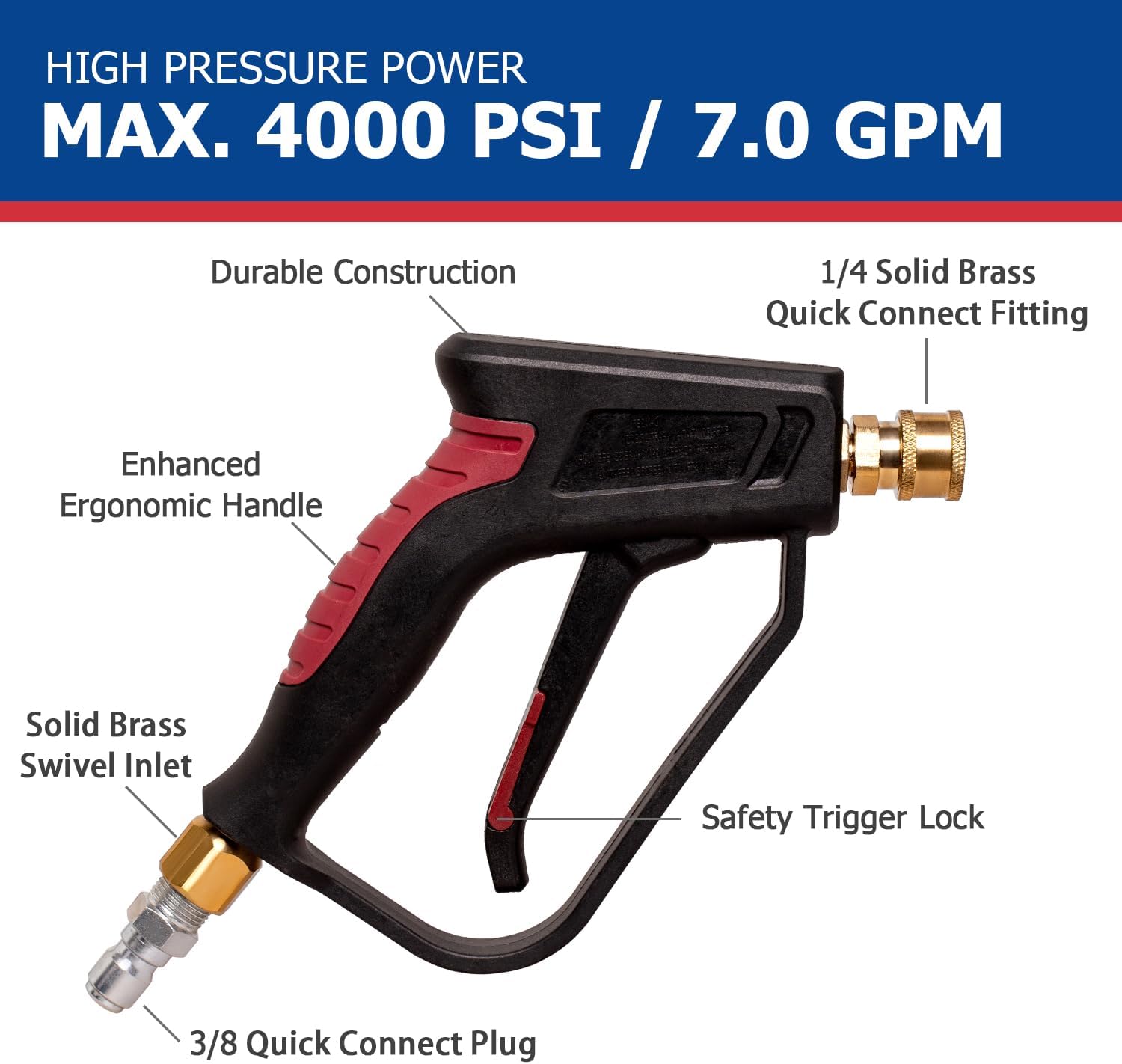 Short Pressure Washer Gun with Swivel - 3/8" Inlet & 1/4" Outlet Quick Connects - 4000 PSI with 5 Color Quick Connect Nozzles - High Pressure Water Handle ideal for Foam Cannon Car Wash