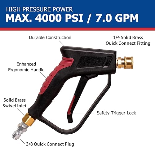 Miniatura 4 de Pistola de lavado a presión corta con giratorio, entrada de 38 pulgadas y salida de 14 de pulgada, conexiones rápidas, 4000 PSI con boquillas de