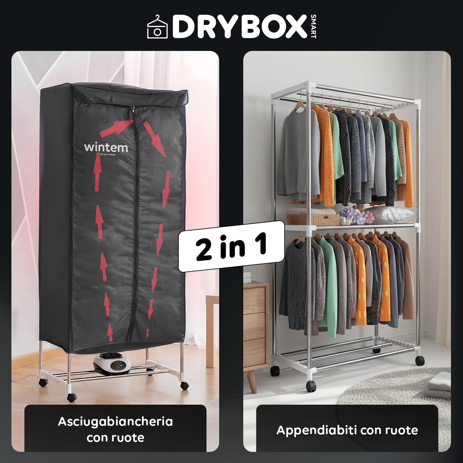 Wintem Drybox Smart Asciugatrice ad Aria Rettangolare 1000W con Timer 4 Ore, Telo di Copertura e Telecomando, Multiuso come Stendibiancheria Elettrico e Armadio Portatile