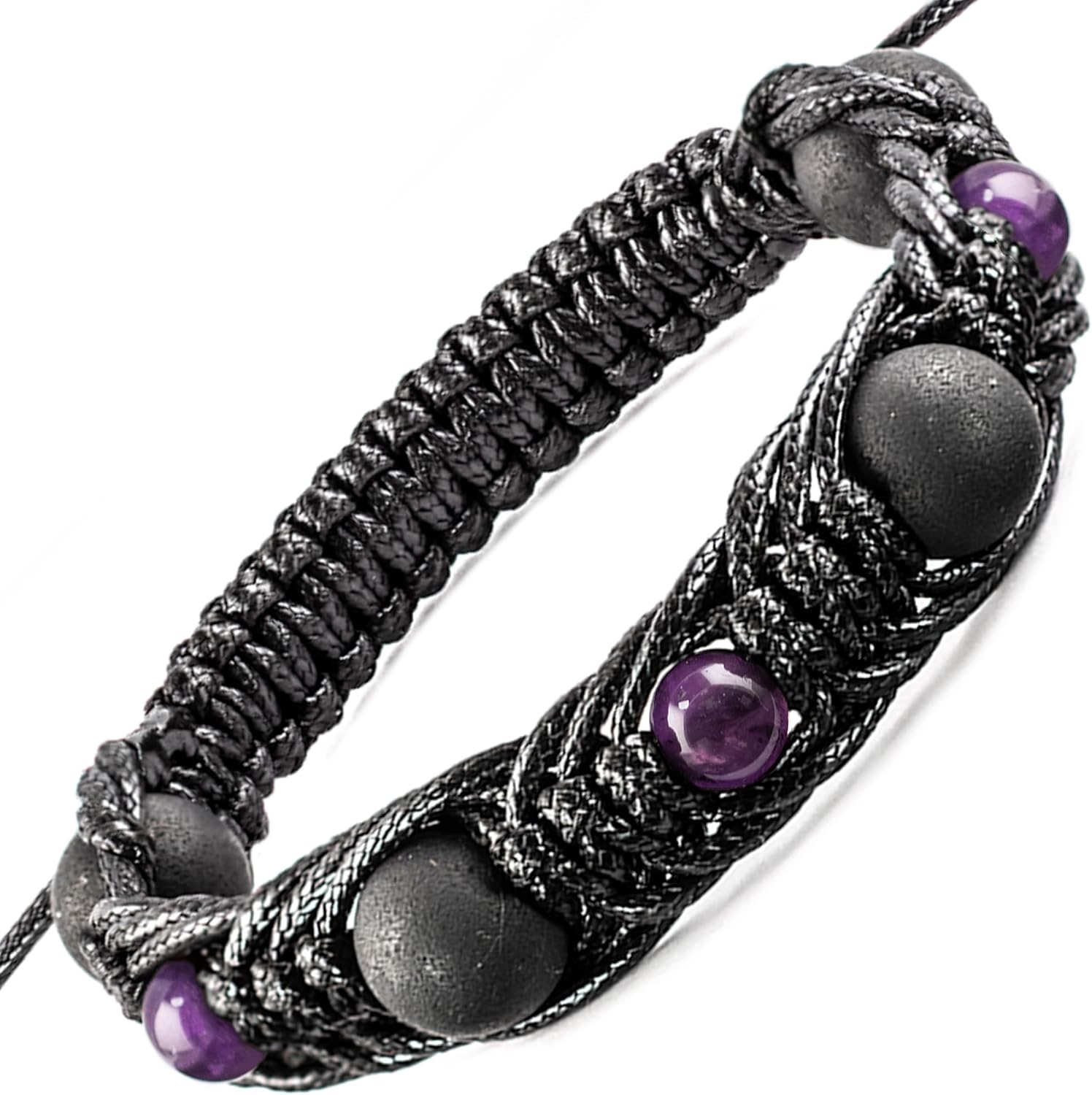 Shungite Bracelet with Amethyst Beads - Luxury Jewelry for Men Women - Natural Black Stone - Brided Dense Beaded - Adjust Wirst Size - Each one has a Certificate of Authenticity