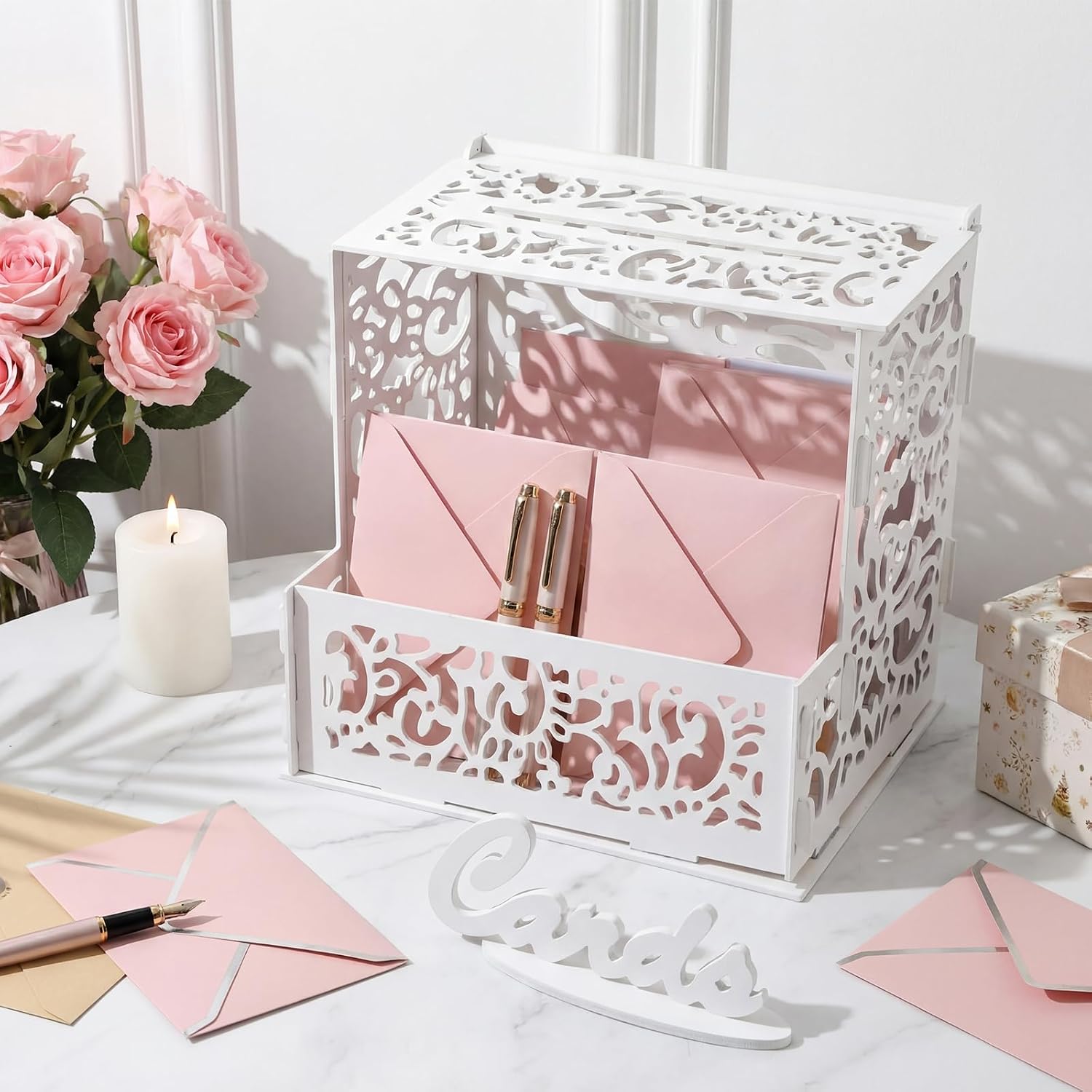 White Wedding Card Box with Flower Trough & Card Sign, Wooden Gift Cards Box with Slots and PVC Window, Elegant Envelope & Money Holder for Reception, Bridal Shower, Baby Shower Party Decor