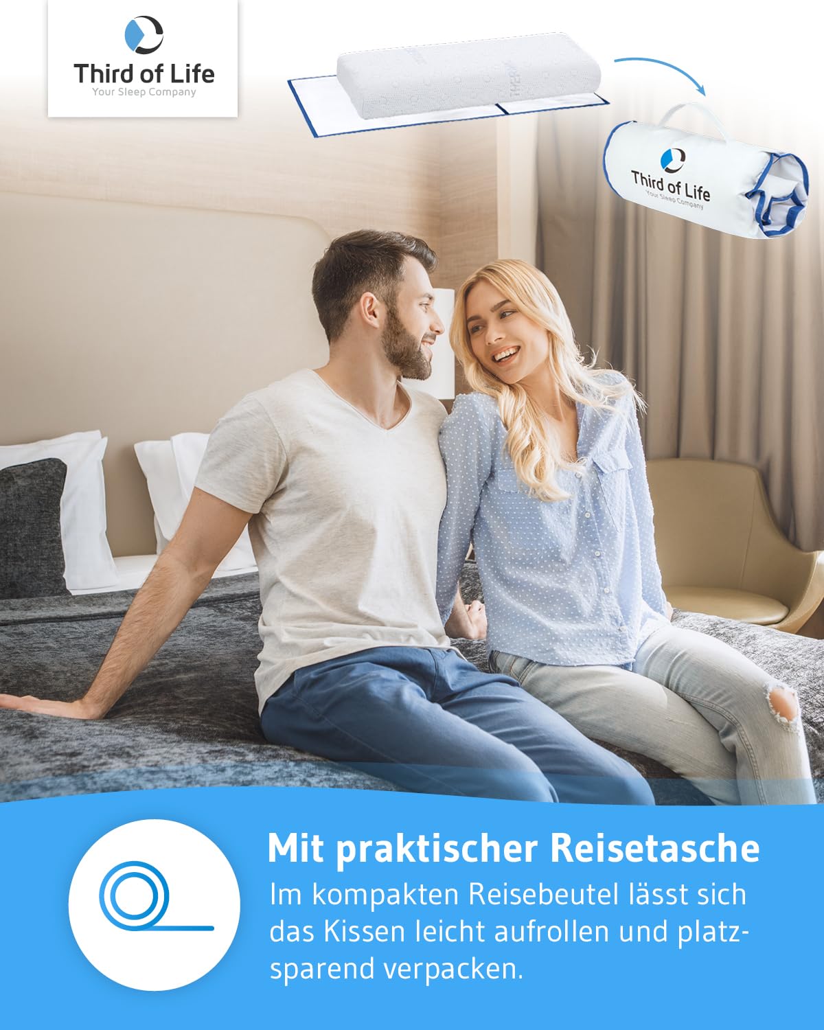 Third of Life Kopfkissen 40x80 HADAR, Höhenverstellbar, Hochwertiger Memory-Foam für die HWS, Nackenstütz-Kissen mit thermoregulierendem Bezug, Ergonomisches HWS-Nackenkissen, Passt in 40x80 Bezug