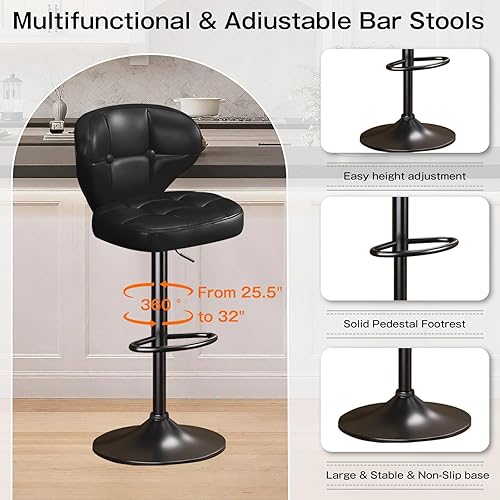 Miniatura 5 de Juego de 2 taburetes de bar modernos giratorios de cocina, altura ajustable, asiento acolchado con respaldo, marco de metal, base antideslizante,