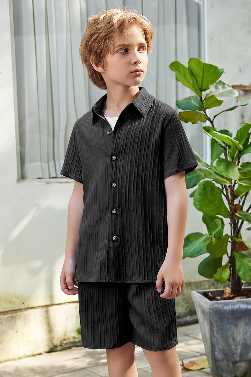 Arshiner Boy's Textured Button Up Shirt and Shorts Set 2 Piece Summer Beach Outfit for 5~12 Years Kids - Image 3