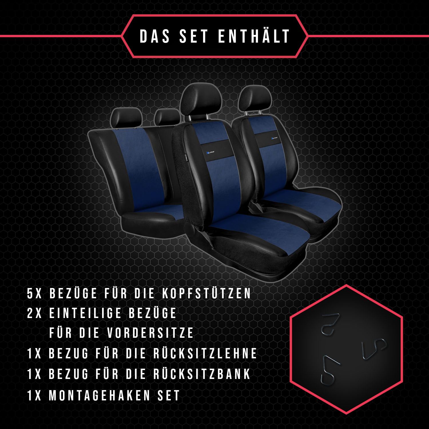3er Set Saferide Autositzbezüge PKW universal | Auto Sitzbezüge Kunstleder Blau für Airbag geeignet | für Vordersitze und Rückbank | 1+1 Autositze vorne und 1 Sitzbank hinten teilbar 2 Reißverschlüsse