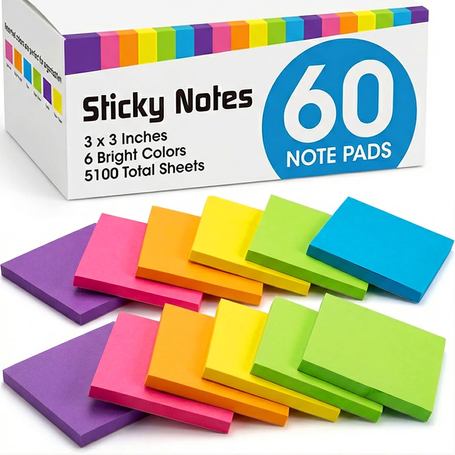 Woswel - Foglietti autoadesivi in blocco, 7,6 x 7,6 cm, 60 blocchetti, 85 fogli/blocchetto, 6 foglietti adesivi dai colori vivaci, adesivi riposizionabili per casa, ufficio, scuola