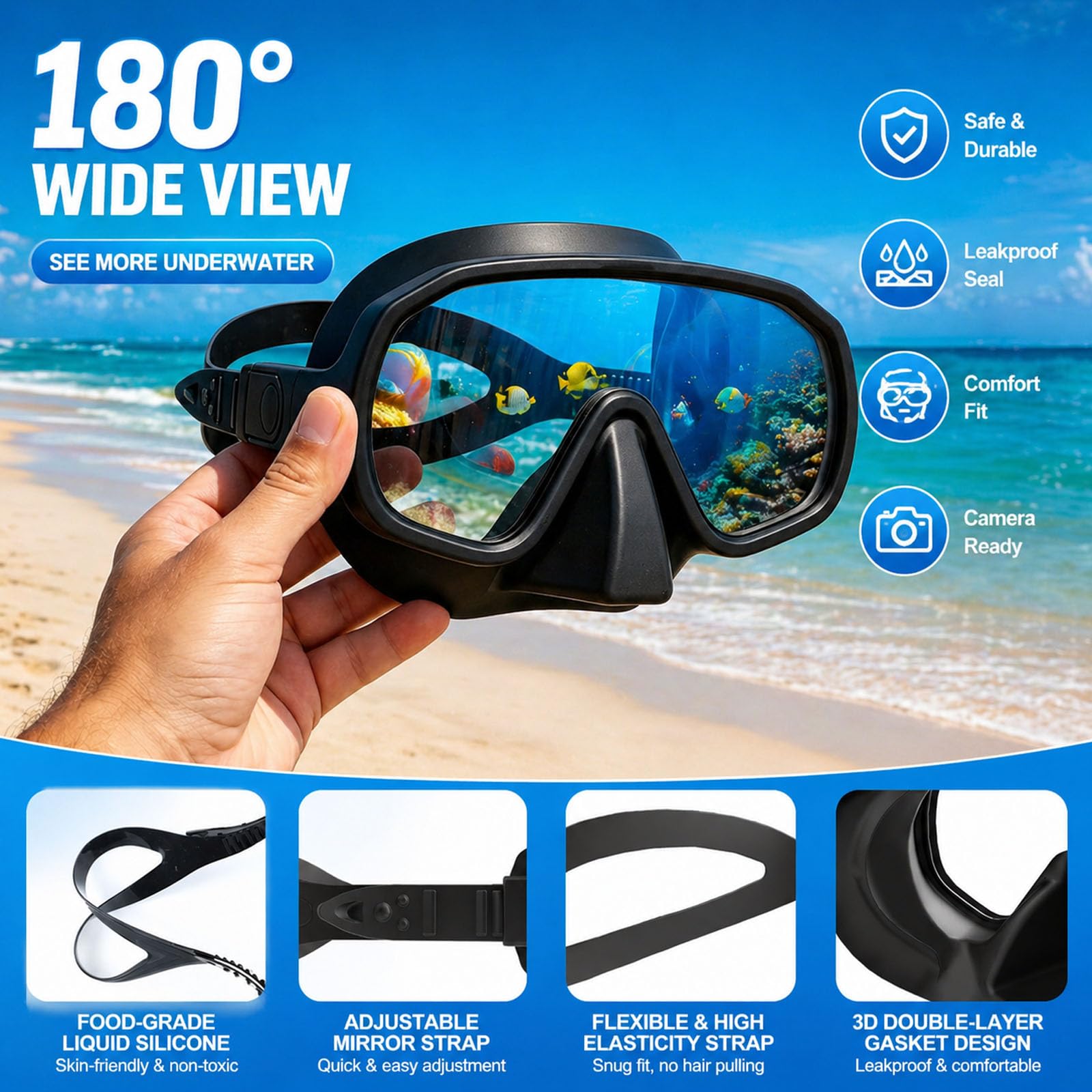Set Snorkeling Per Adulti,Maschera Senza Cornice Con Vista Panoramica,Lente In Vetro Temperato Antiappannante,Boccaglio Asciutto Pieghevole, Attrezzatura Da Viaggio Portatile Con Borsa
