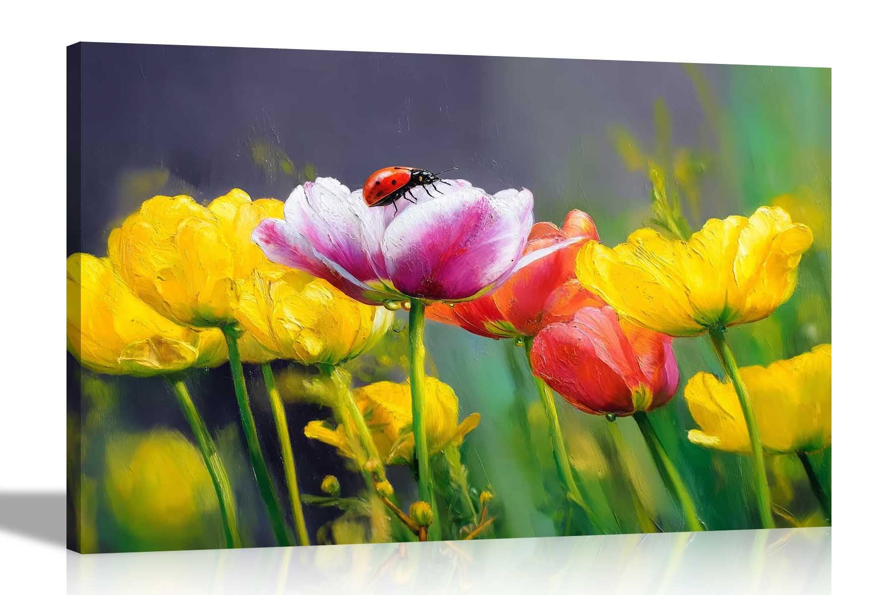 Artley Prints Ladybirds On Tulips Flowers - Ladybird On Colourful Tulip Flowers Framed Canvas Wall Pictures Living Room Conservatory Hallway Decoration Art Prints 86 X 61Cm (34 X 24 Inches) A1