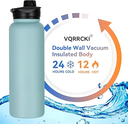 Miniatura 2 de Botella de agua aislada de 40 onzas con pajilla, botellas de agua deportivas de acero inoxidable con 2 tapas (pajilla y tapa de boca ancha),