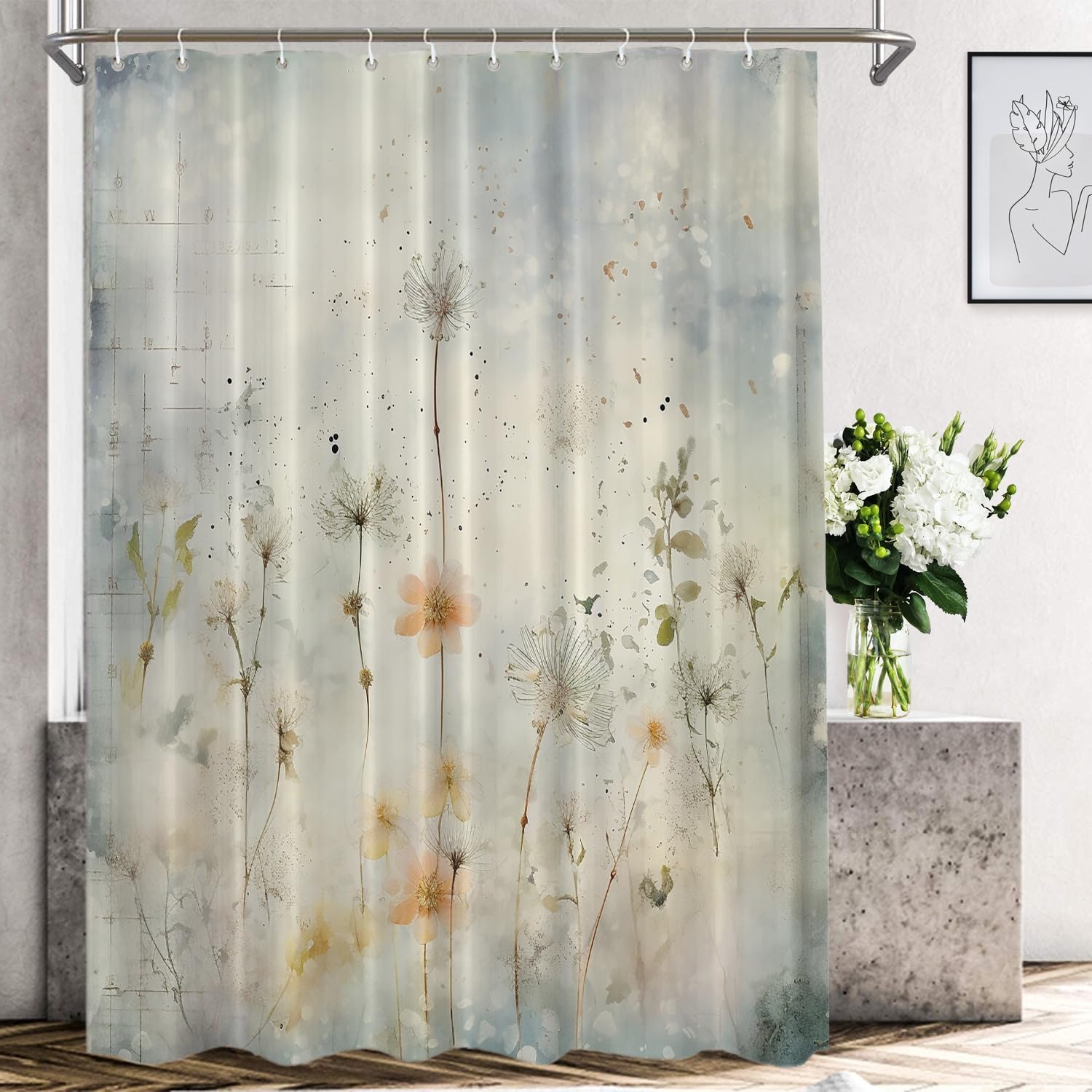 Shrahala Flowers Soft Colors Light Decorative Shower Curtain, A Soft Floral Painting Bathroom Décor Polyester Fiber Waterproof with Plastic Rings for Shower Stall Bathtubs 72 x 60 in