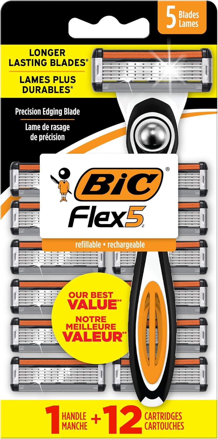 BIC Flex 5 詰め替え式カミソリ 男性用 長持ち5枚刃カミソリ 滑らかで快適な剃りを実現、ハンドル1個とカートリッジ12個、