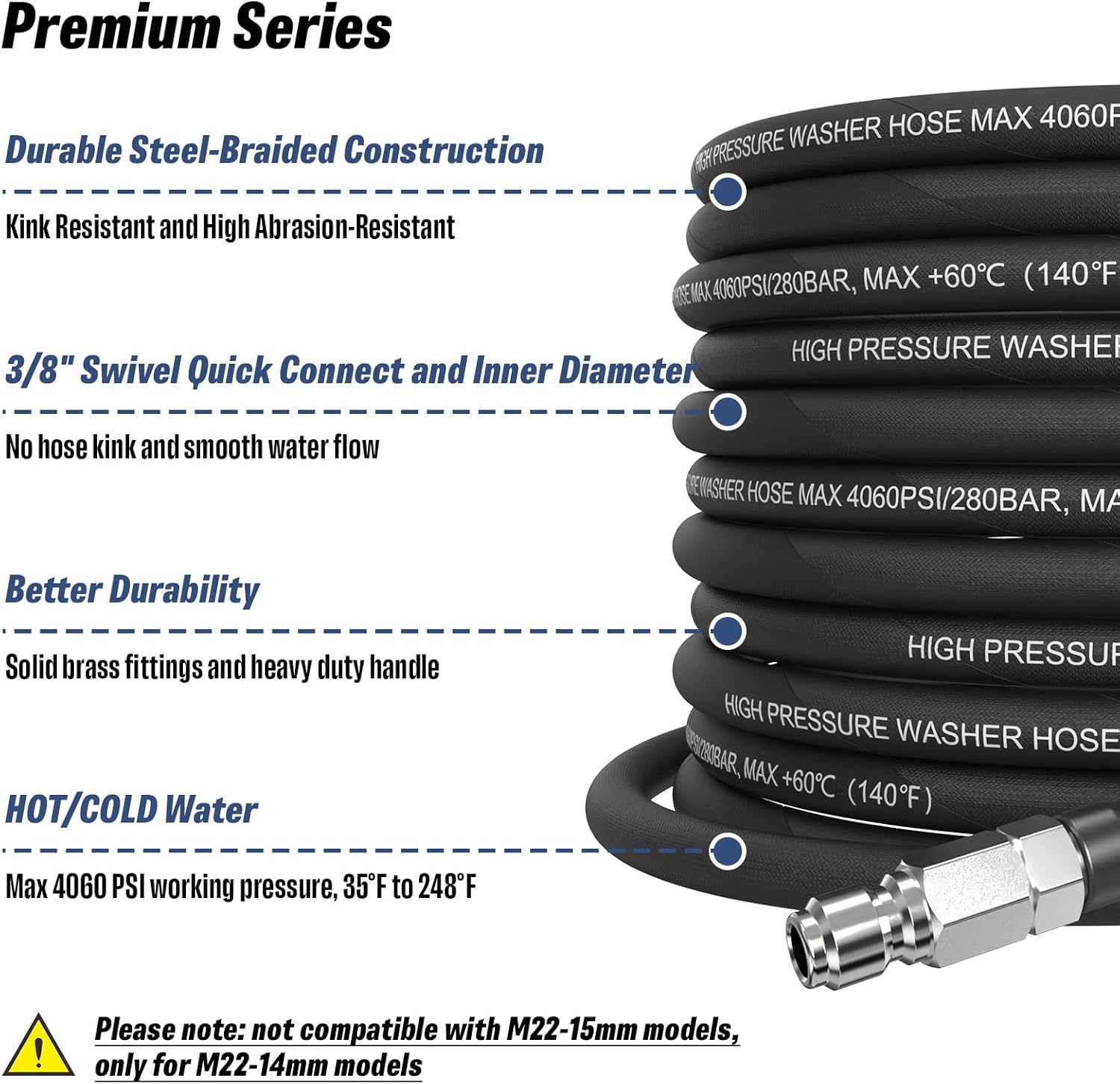 3/8" Pressure Washer Hose 50 FT with Swivel Quick Connect, 4060 PSI Kink Resistant Power Washing Hose, High Tensile Steel Braided, Extension Replacement for Industrial & Commerical Use