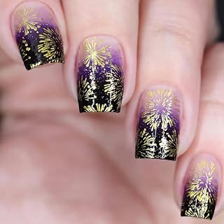 Gold Fireworks Press on Nails Short Square Fake Nails Black Purple Ombre False Nails Autumn Winter Full Cover glossy Glue on Nails New Years Acrylic Nails Stick on Nails for Women Girls 24Pcs
