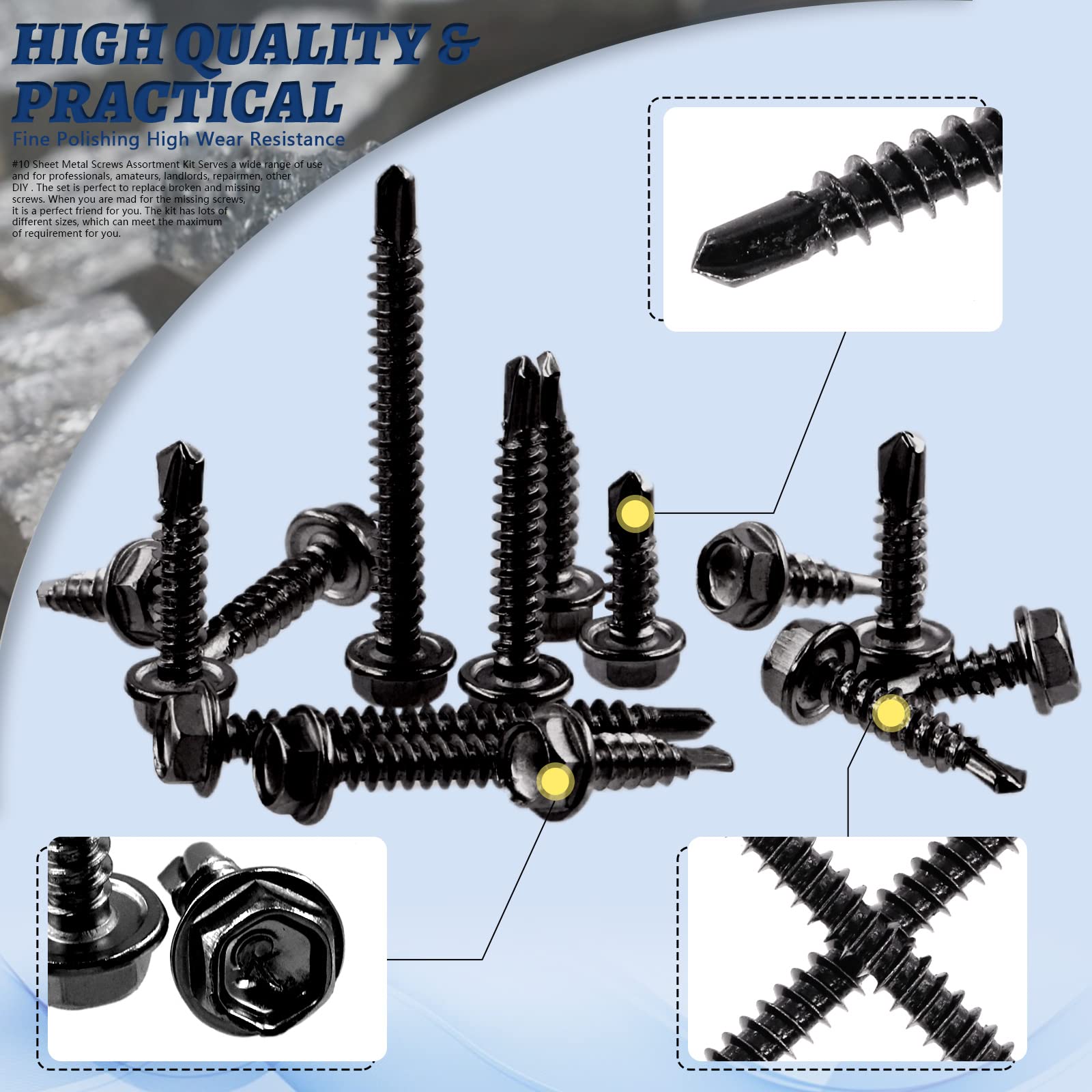 Glarks 230Pcs 410 Stainless Steel #10 Hex Washer Head Self Drilling Screws Assortment Kit 6 Size Black #10x1/2", 10x5/8" - Image 4