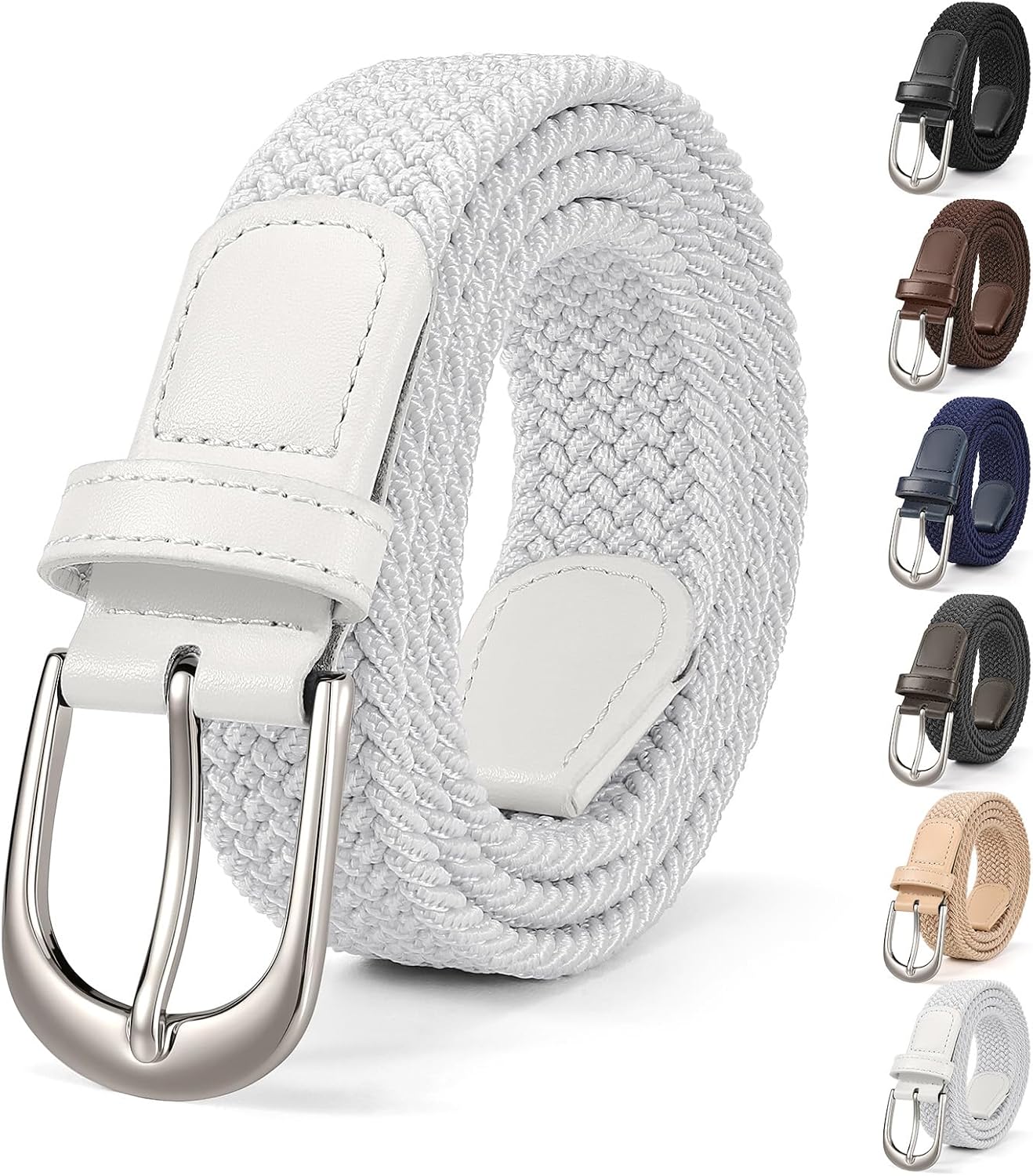 JASGOOD Women Braided Elastic Woven Belt with Silver Buckle Stretch Waist Golf Belt for Women Men Jeans