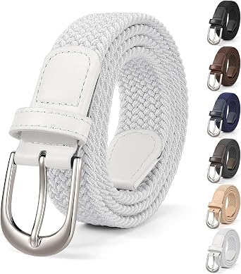 JASGOOD Women Braided Elastic Woven Belt with Silver Buckle Stretch Waist Golf Belt for Women Men Jeans