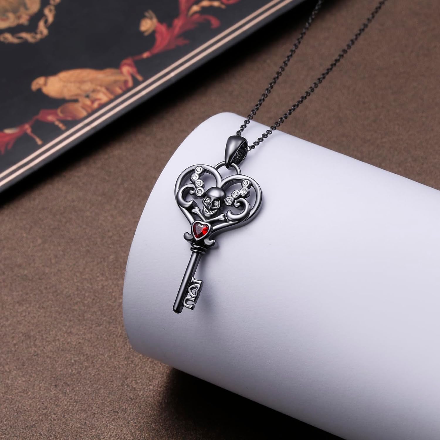 Skeleton Key Necklace for Women 925 Sterling Silver Skull Key Necklace Ruby Pendant Necklace Gothic Halloween Jewelry for Men Women - Image 6