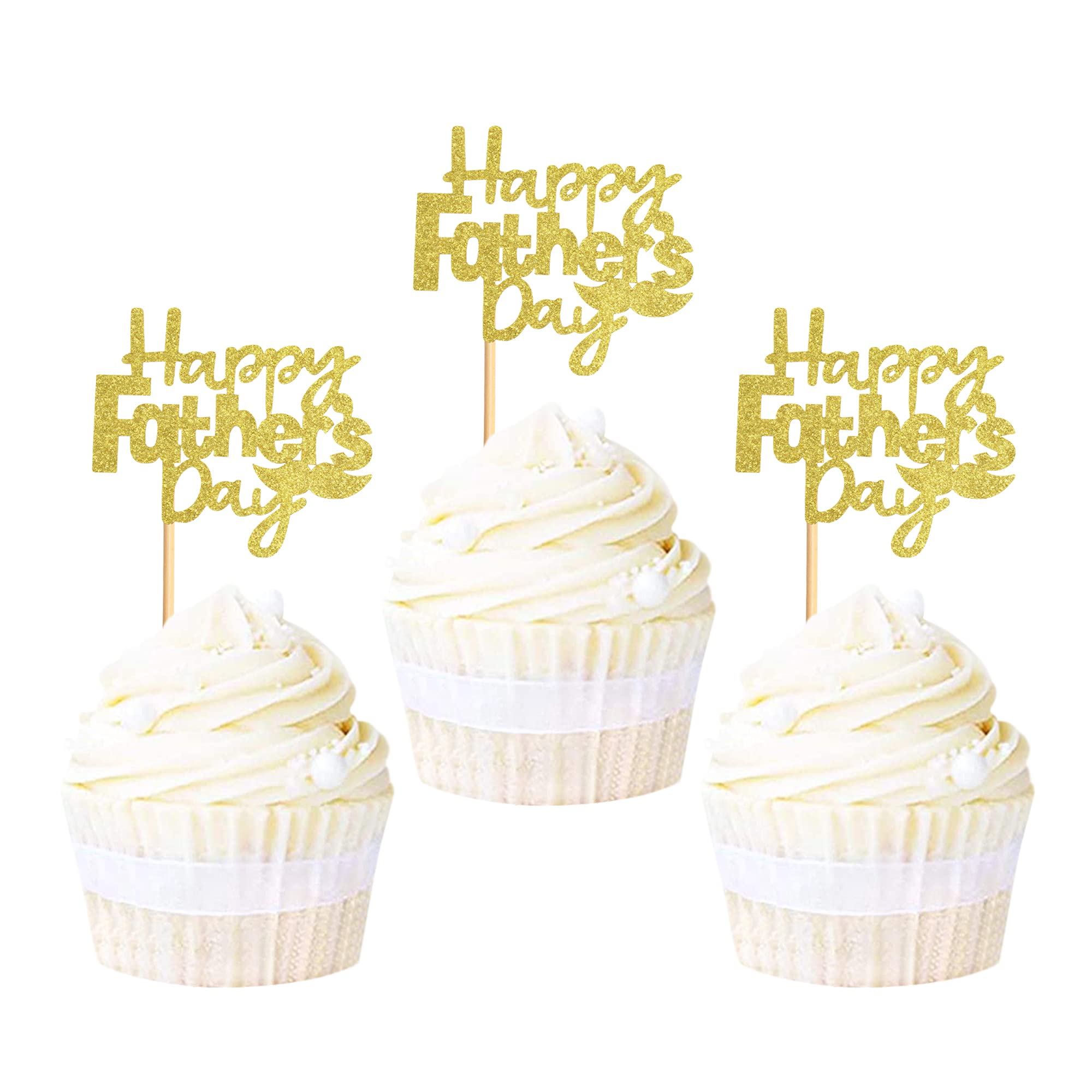 Blumomon 24Pcs Gold Glitter Happy Father's Day Cupcake Toppers Dad Cake Toppers Mustache Paper Cake Decorations for Fathers Day Party Favor Supplies — image 1