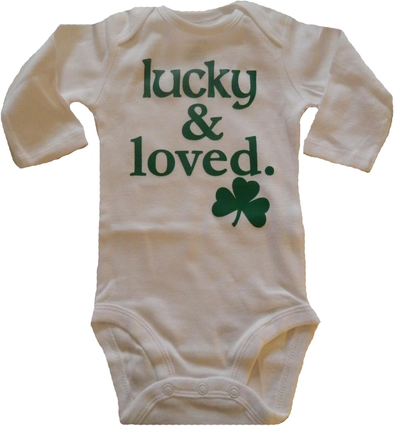 Custom Kingdom Baby Boys/Girls Lucky and Loved Irish Shamrock Long-Sleeved One-Piece Romper Bodysuit White