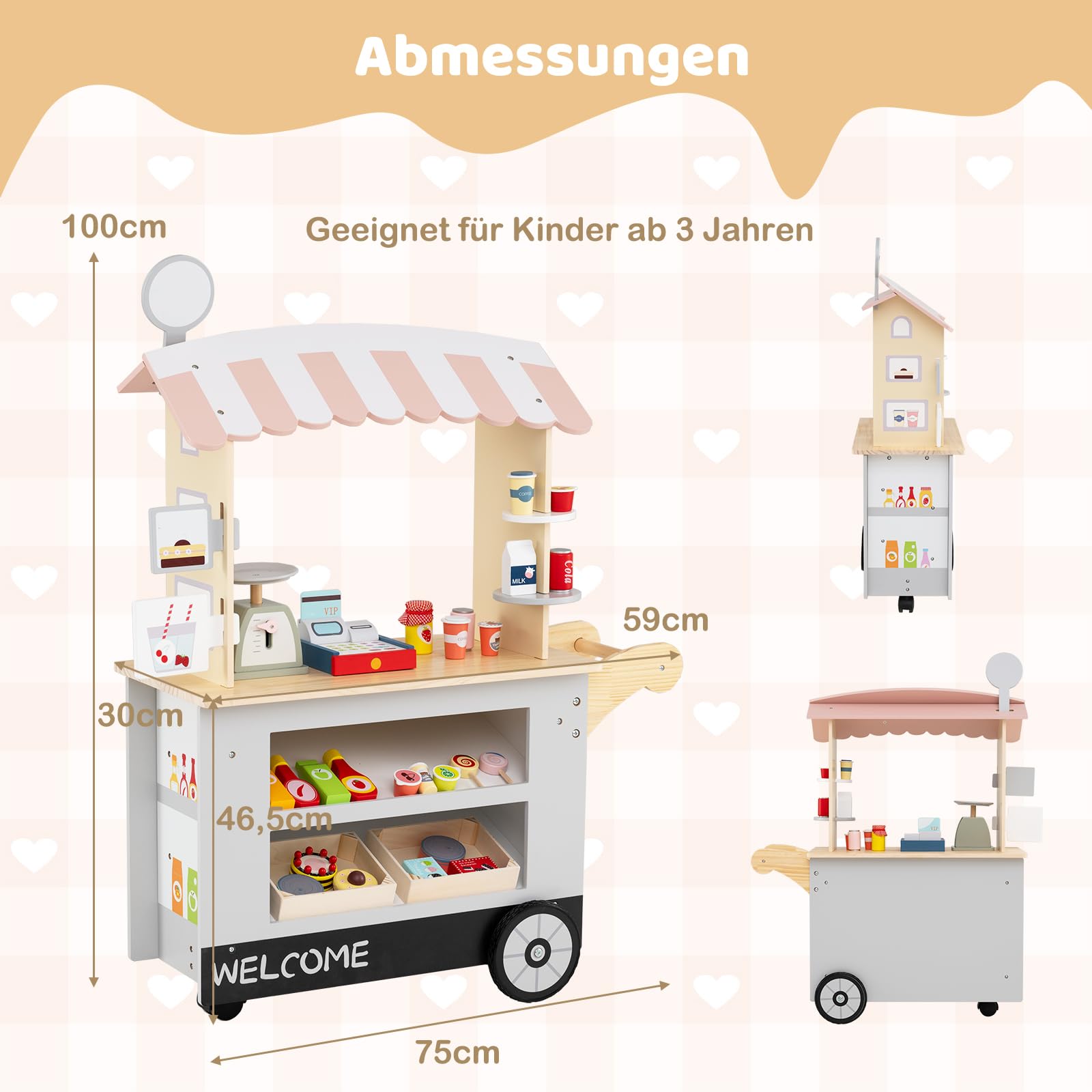 DREAMADE Kaufladen aus Holz, Kaufmannsladen mit 30 Zubehörteilen, Verkaufswagen mit 3 Rädern, Schiebegriff & Baldachin, Spielset Rollenspiele für Kinder ab 3 Jahren (Grau)