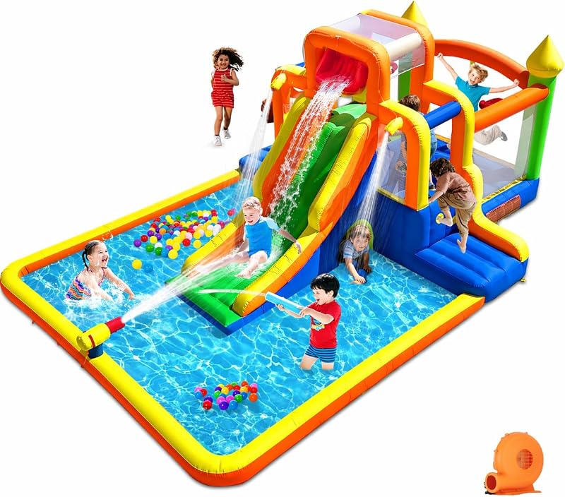 Umbalir 19x13FT Water Slide Bounce House with 3 Climbing Walls, Jumbo Pool, Water Park with 99" Long Slide & Back Trampoline, 2 Overhead Sprinklers & Water Cannon, Multi-Kid Racing Bounce House